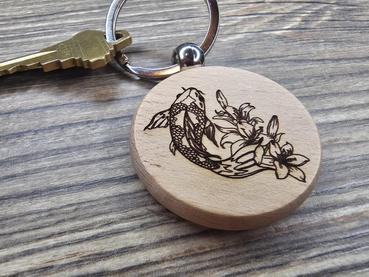 Koi Fish Keychain - Hardwood Laser Engraved Charm with Rust Resistant Ring