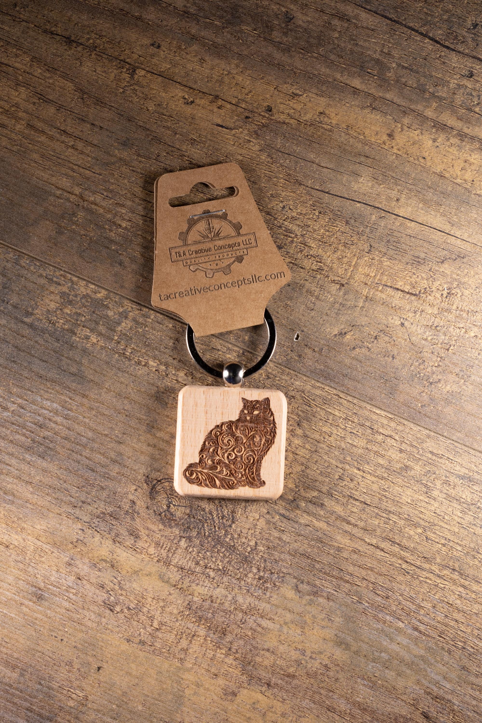 Wood Cat Keychain – Laser Engraved Hardwood | Durable Cat Pendant, Handmade Gift