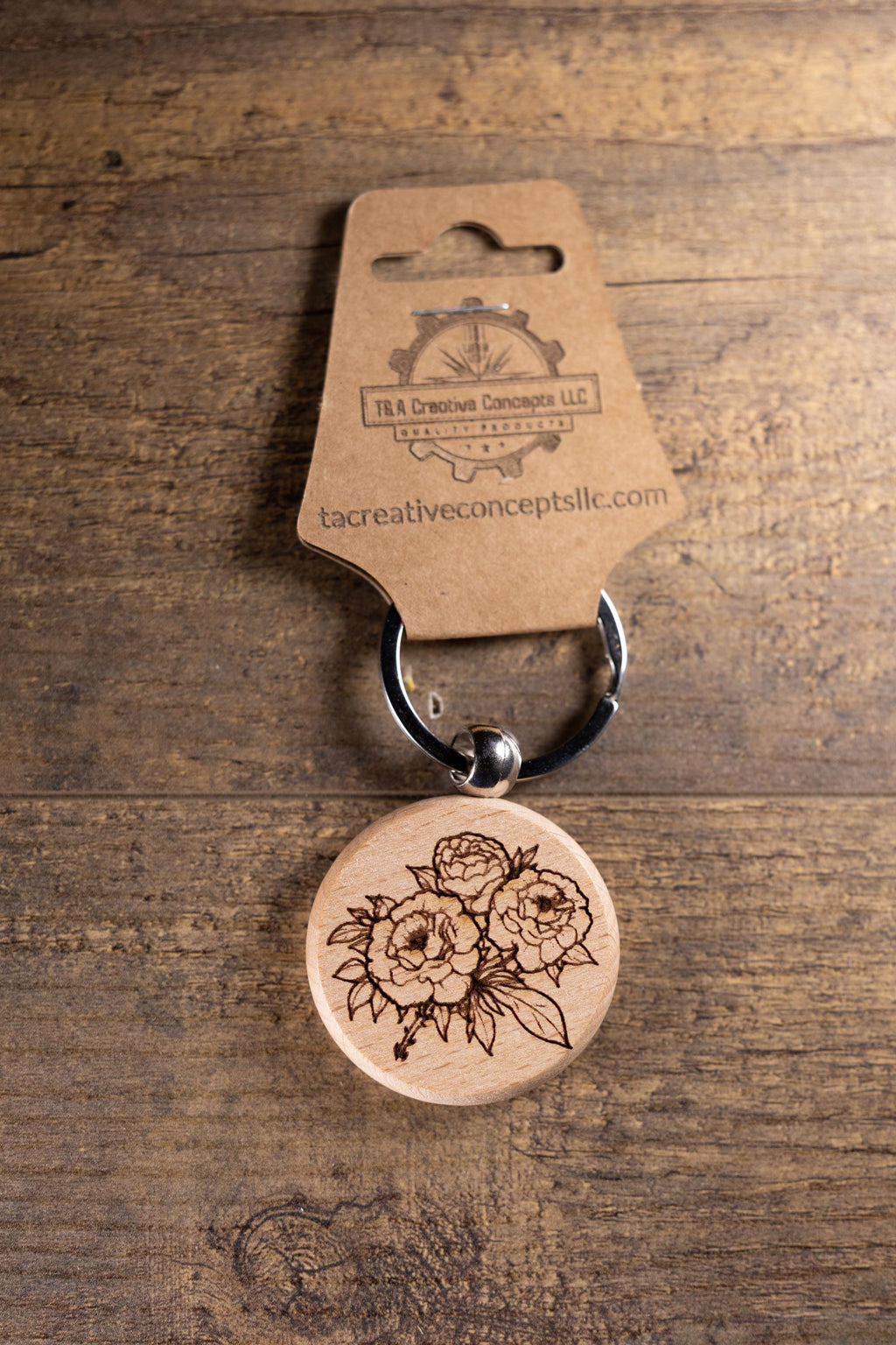 Wood Keychain – Laser Engraved Peony Bouquet Floral Charm | Maple, Cherry, Walnut