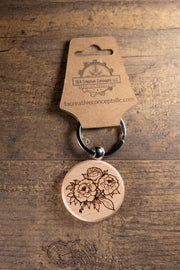 Wood Keychain – Laser Engraved Peony Bouquet Floral Charm | Maple, Cherry, Walnut