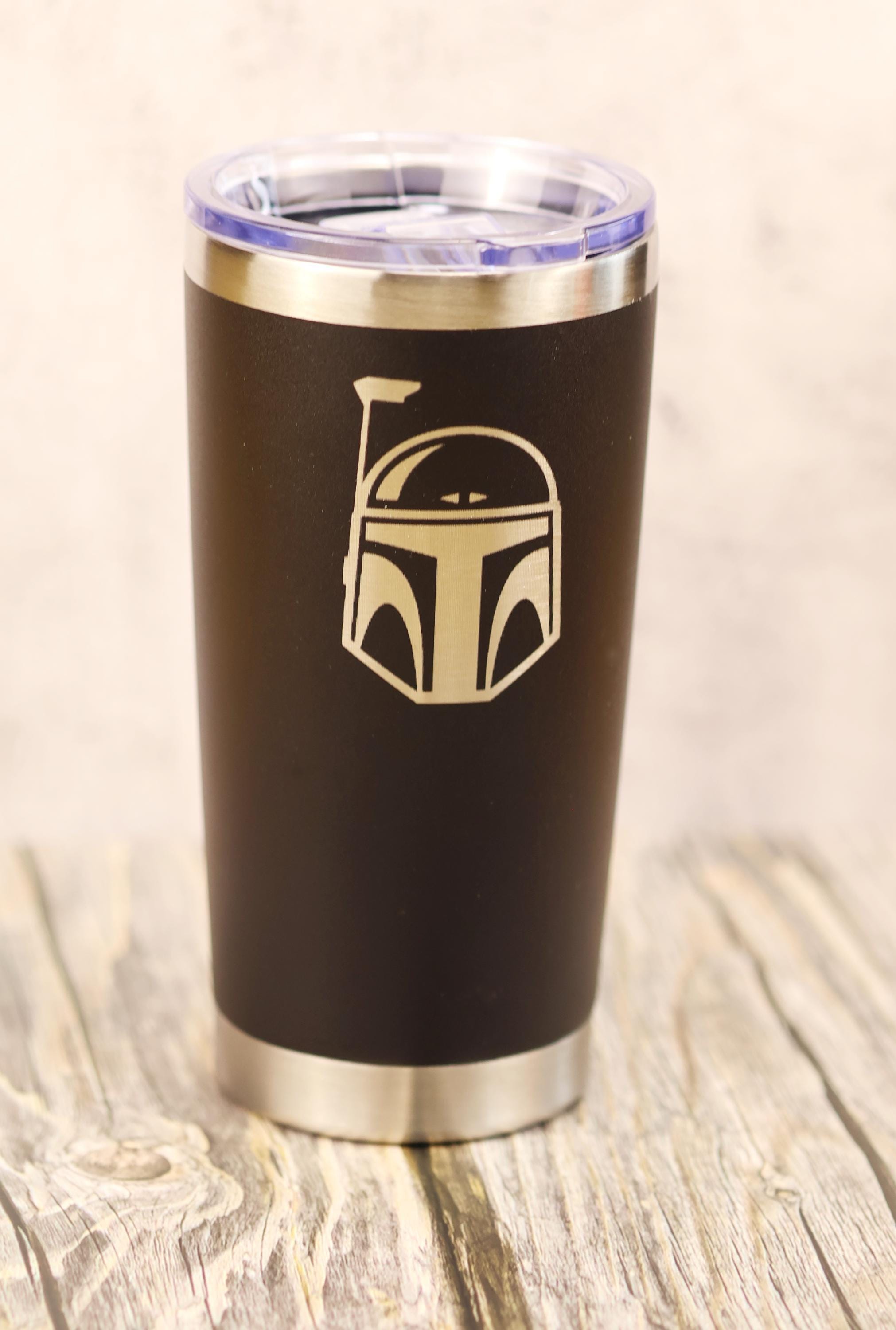 Boba Fett Tumbler | Laser Engraved Stainless Steel Travel Cup 20oz - Mandalorian Helmet