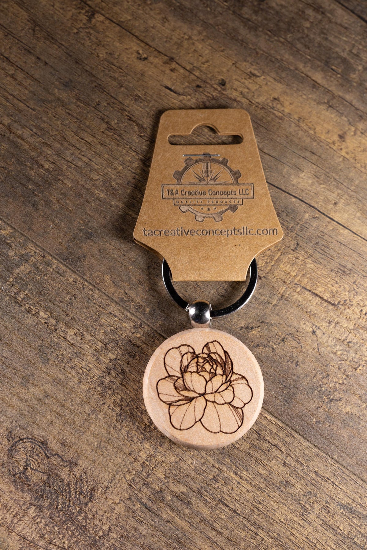 Peony Wood Keychain – Laser Engraved Floral Wood Charm with Stainless Steel Ring