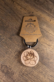 Peony Wood Keychain – Laser Engraved Floral Wood Charm with Stainless Steel Ring
