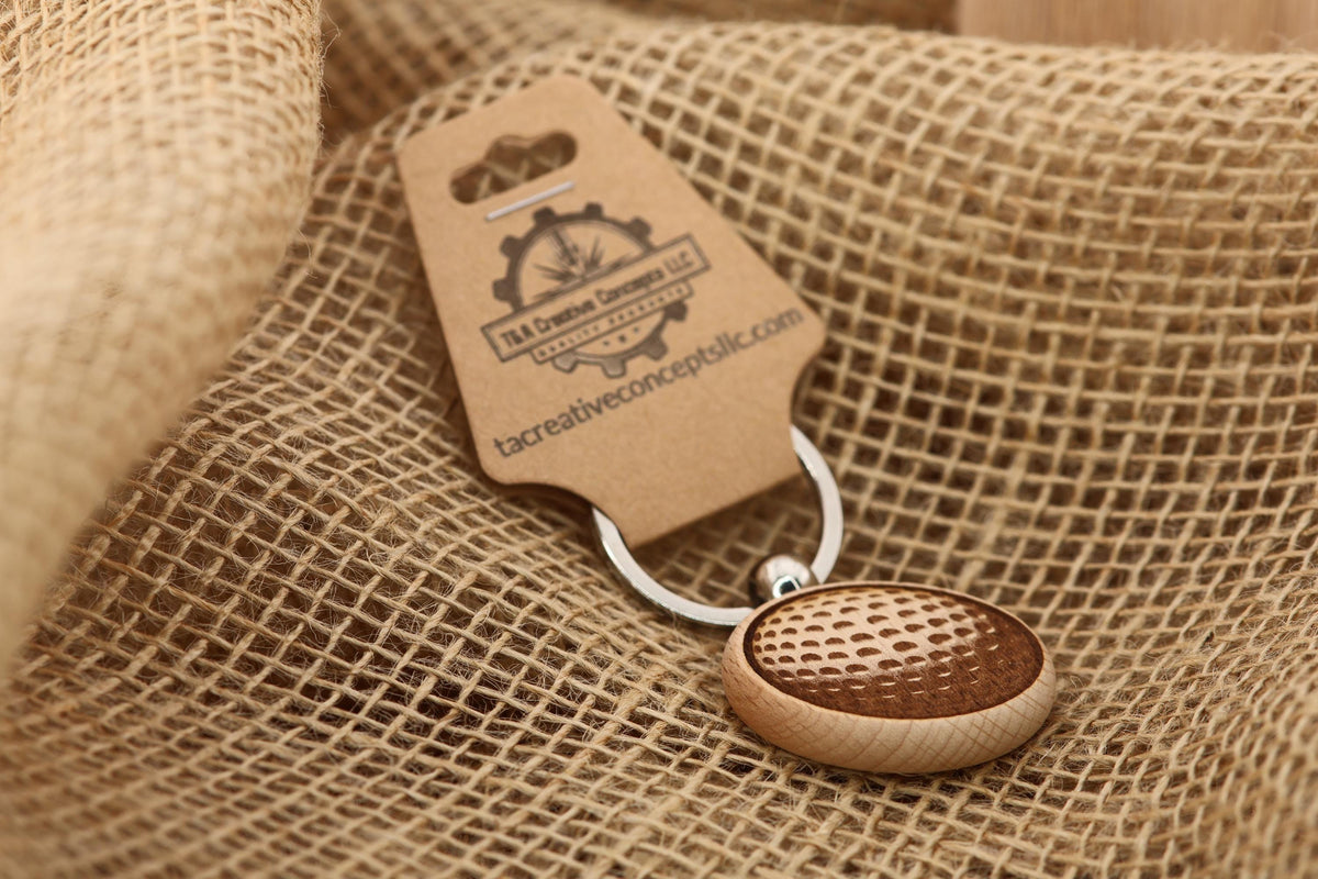 Hardwood Golf Ball Keychain – Laser Engraved Design with Stainless Steel Ring