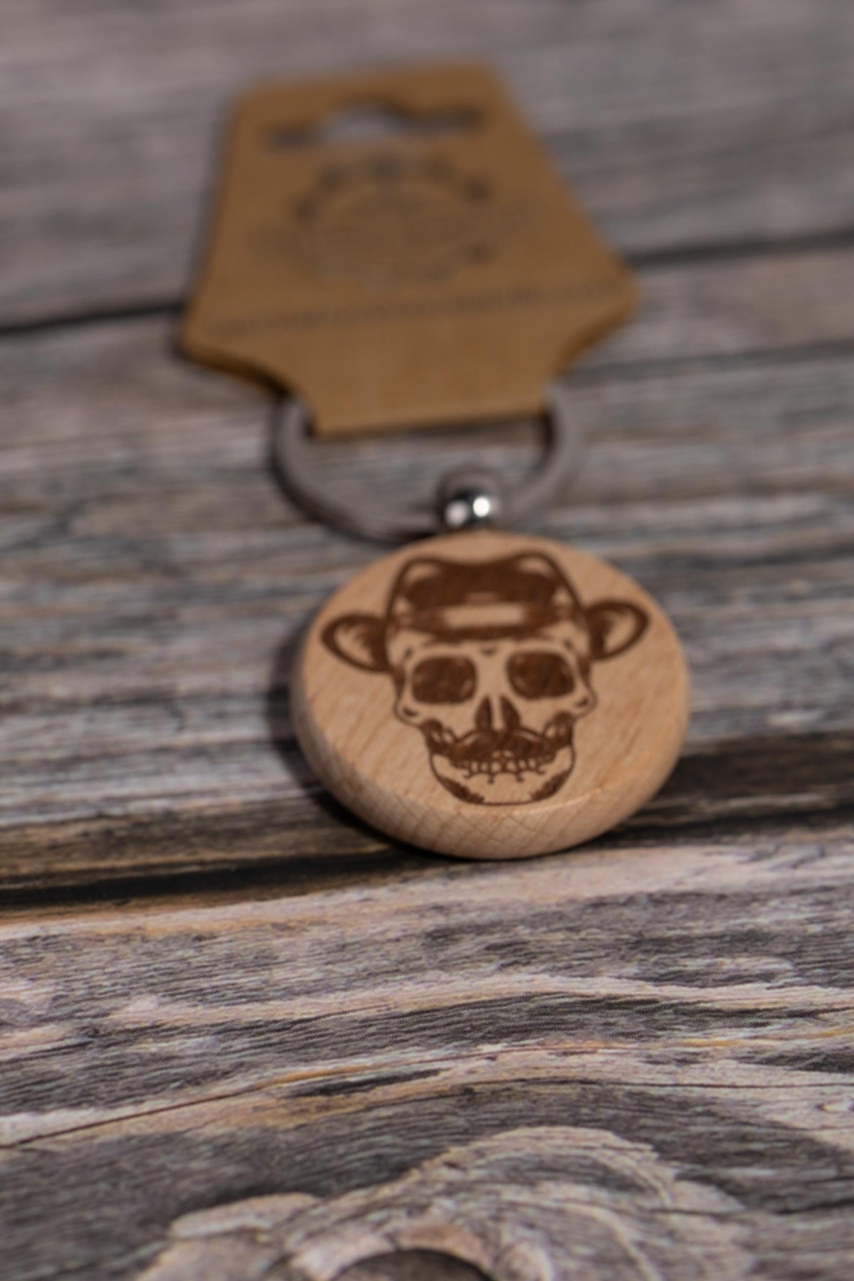 Wooden Skull Keychain – Laser Engraved Hardwood Bag Charm with Fedora & Mustache