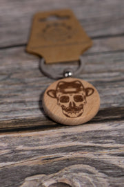 Wooden Skull Keychain – Laser Engraved Hardwood Bag Charm with Fedora & Mustache