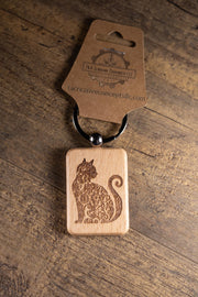 Cat Keychain – Handmade Hardwood Bag Charm with Laser Engraved Wood Design