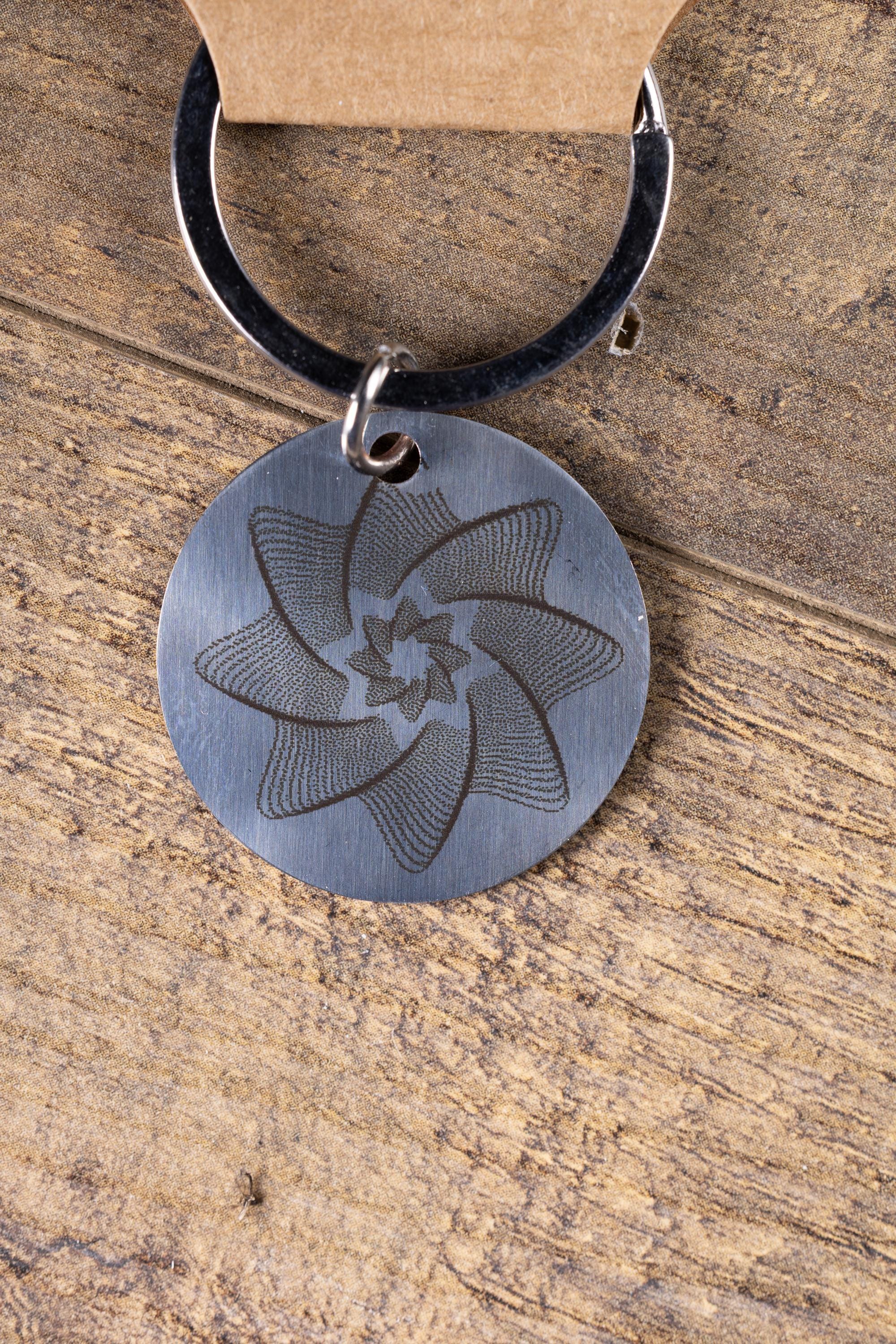 Polished Stainless Steel Keychain - Geometric Star Design with Laser Engraved Spiral Line