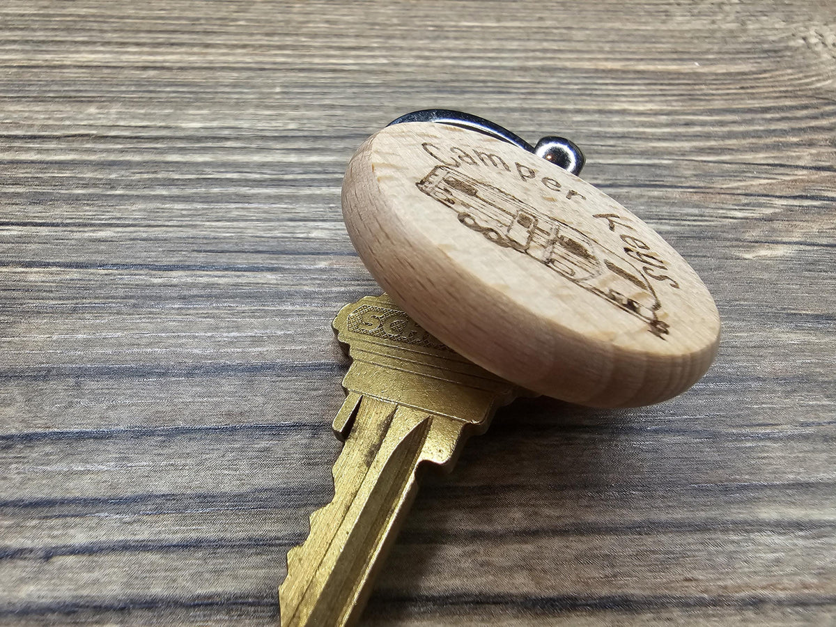 Camper Wood Keychain - Double Sided Design | Natural Hardwood Charm & Rust Resistant Ring