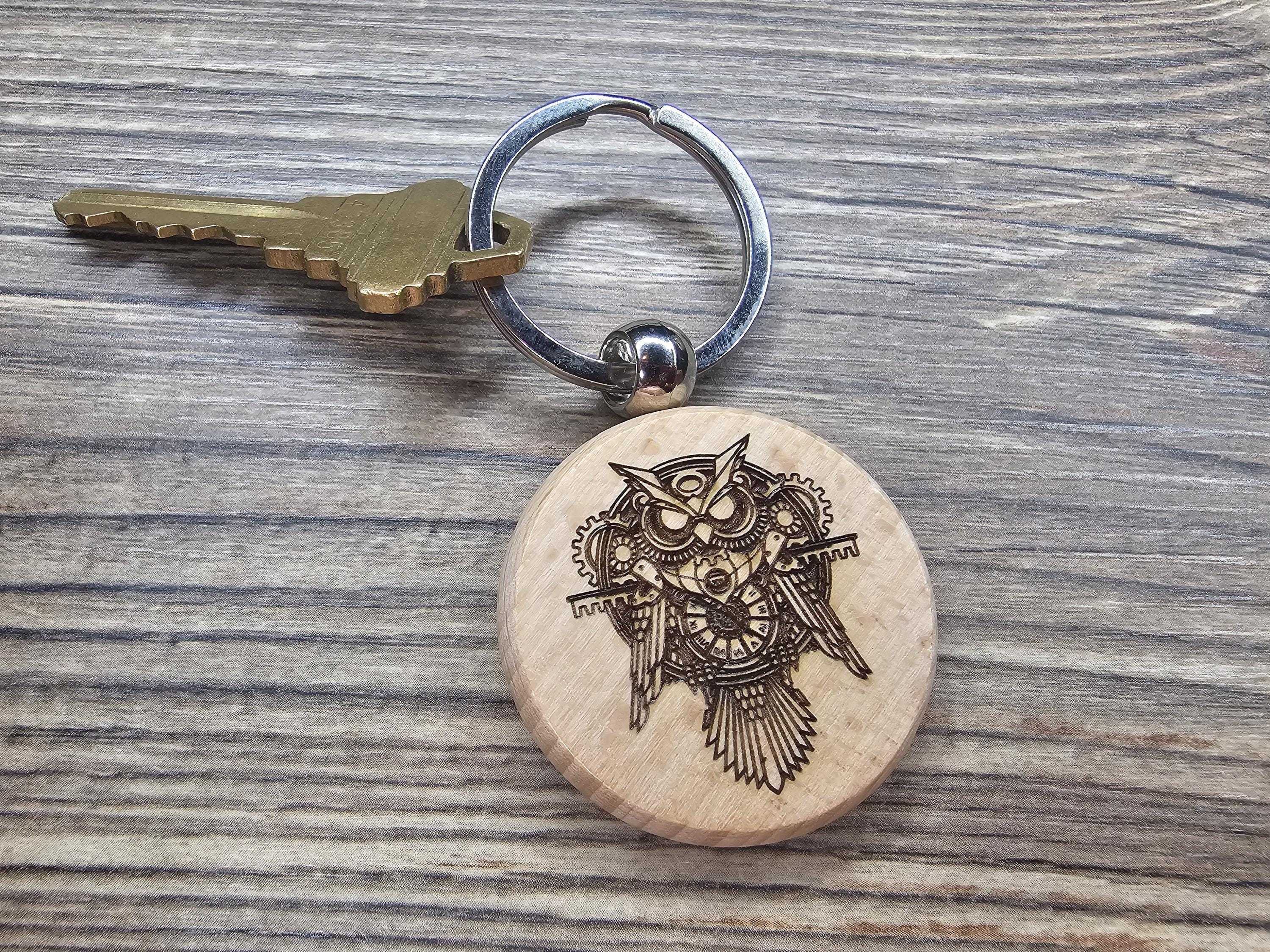 Steampunk Owl Keychain – Double Sided Charm | Engraved Hardwood Keepsake