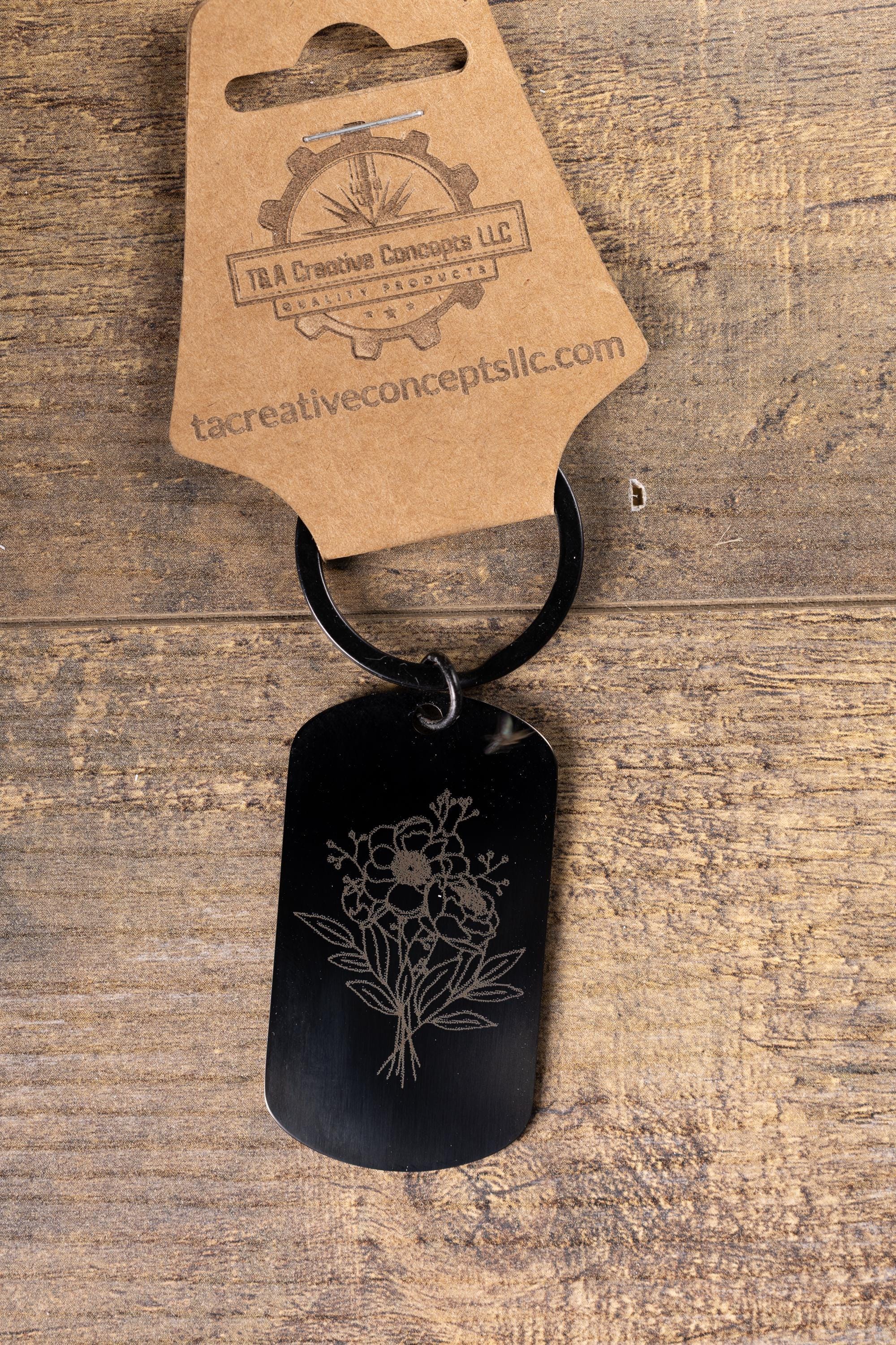 Black Floral Keychain - Laser Engraved Stainless Steel | Durable Everyday Carry