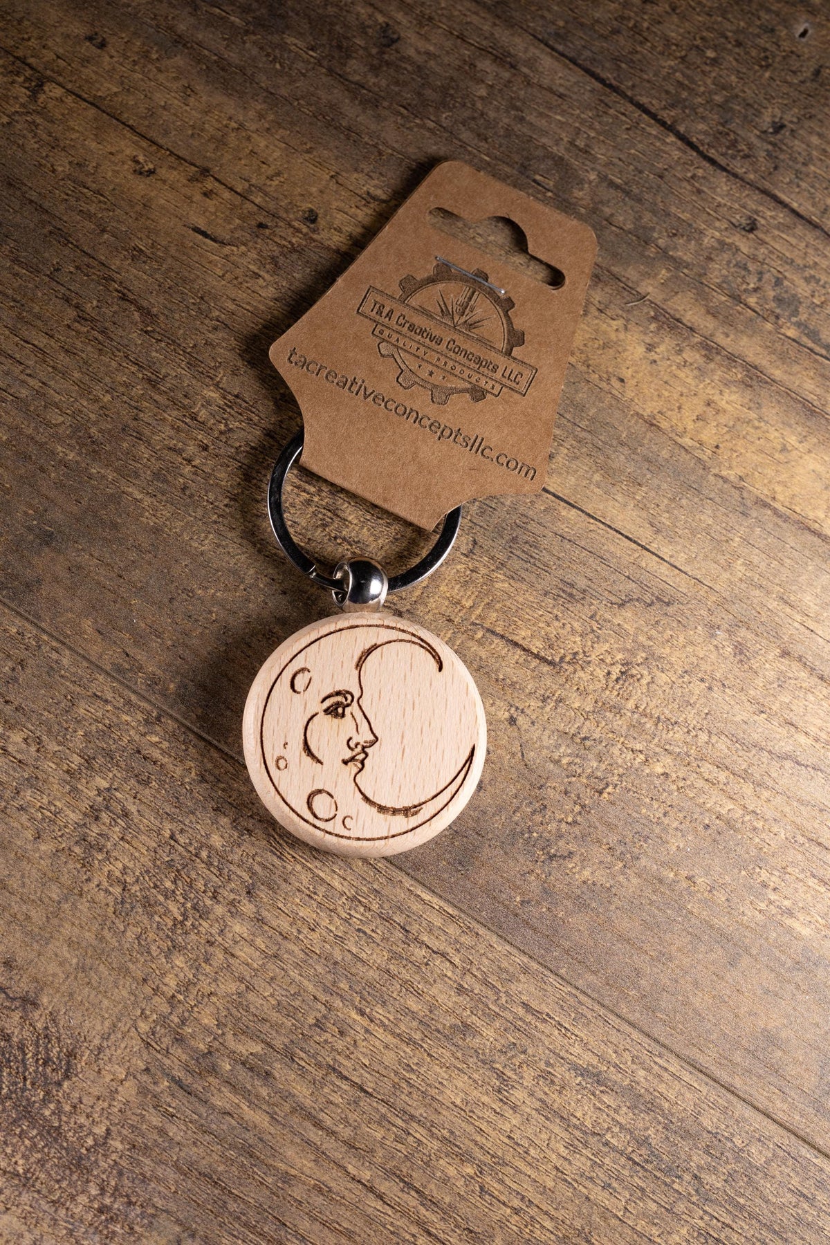 Wooden Moon Keychain – Laser Engraved Celestial Charm with Stainless Steel Hardware