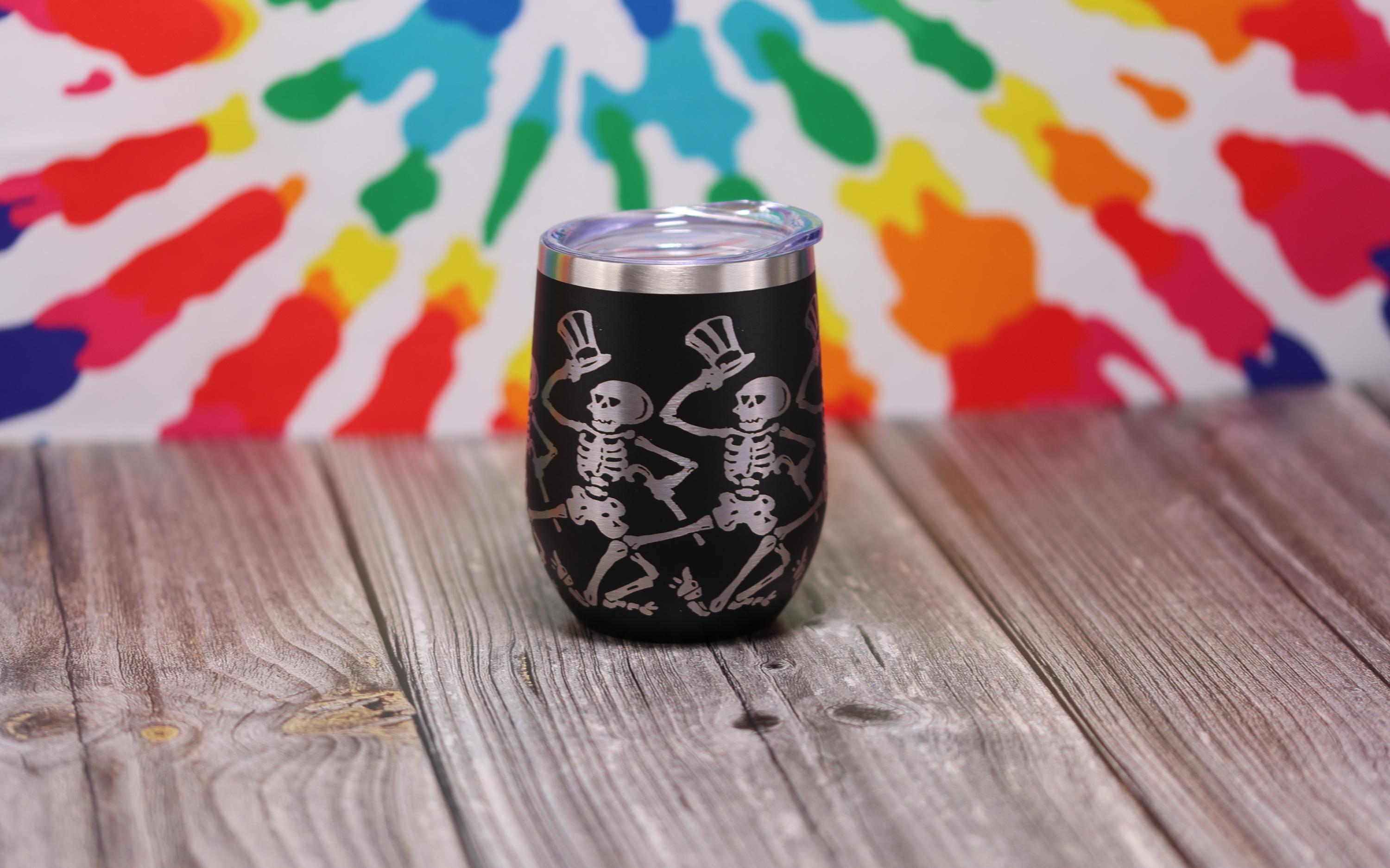 Dancing Skeleton Wine Tumbler - Laser Engraved, Double Wall Vacuum Cup, Custom Color