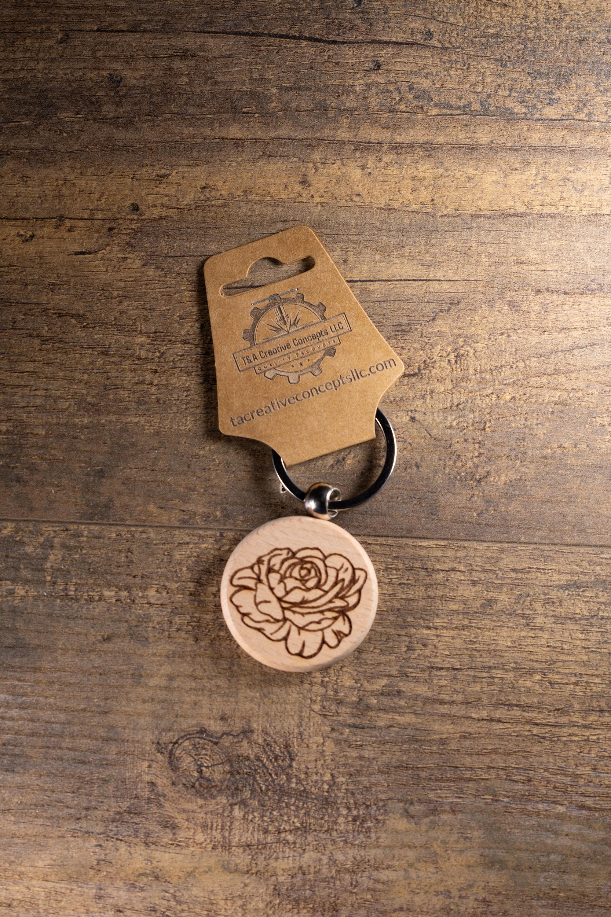 Peony Wood Keychain – Laser Engraved Floral Design | Hardwood & Stainless Steel Ring