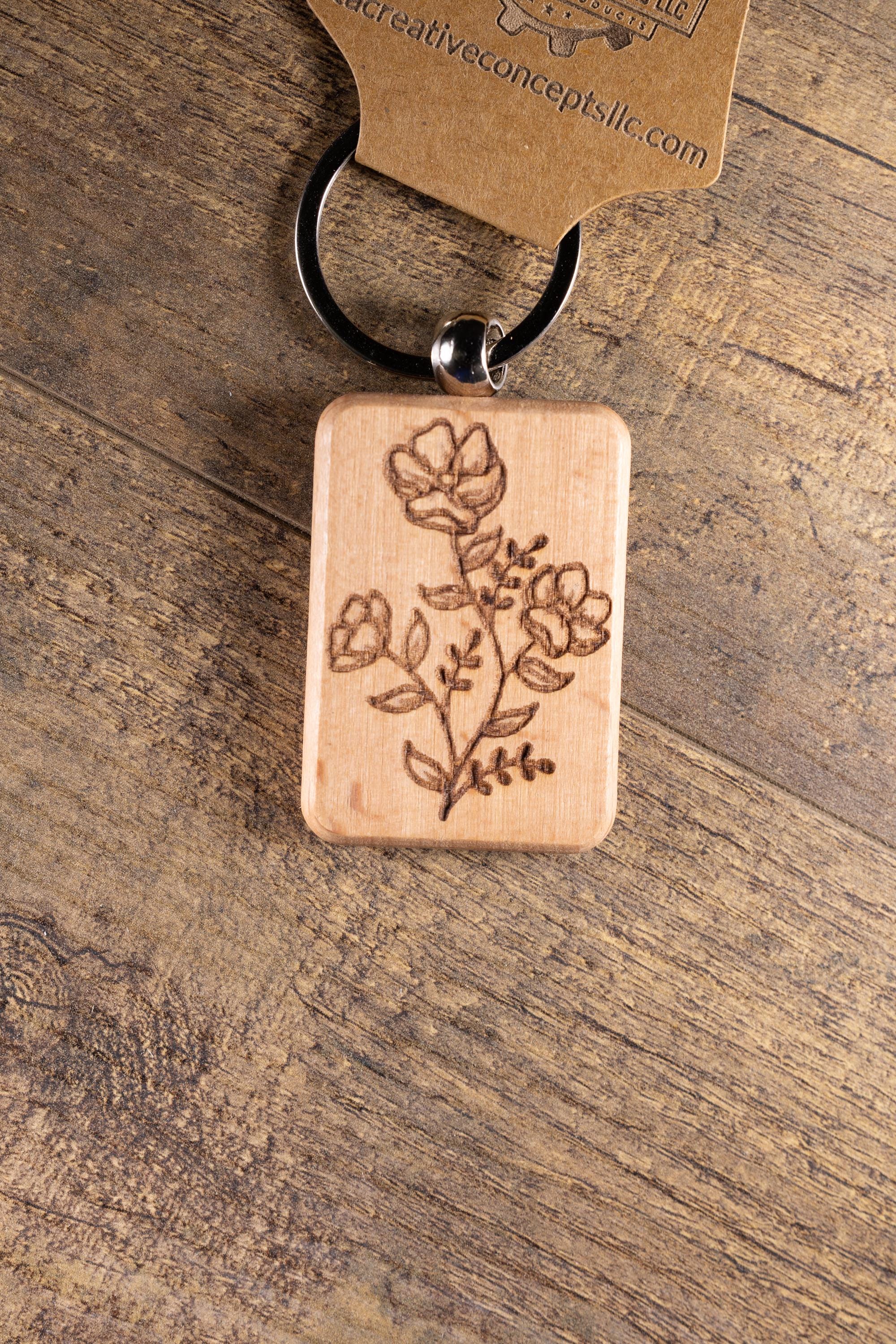 Wood Floral Keychain – Laser Engraved Charm with Solid Hardwood & Stainless Steel Hardware
