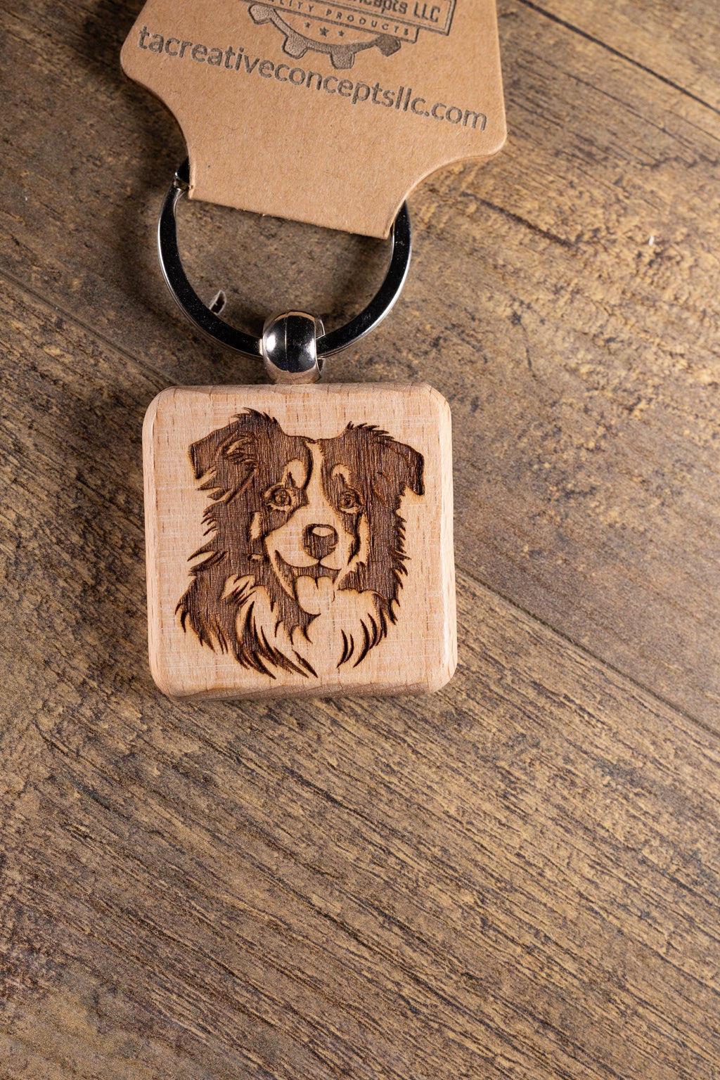Australian Shepherd Keychain - Laser Engraved Wood Charm With Durable Stainless Steel Ring