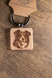 Australian Shepherd Keychain - Laser Engraved Wood Charm With Durable Stainless Steel Ring