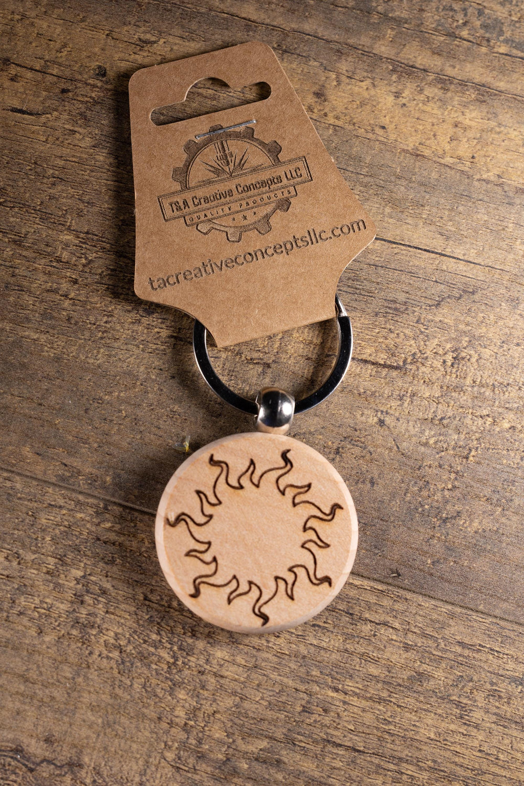 Wood Sun Keychain - Laser Engraved Solid Hardwood Charm | Stainless Steel Ring