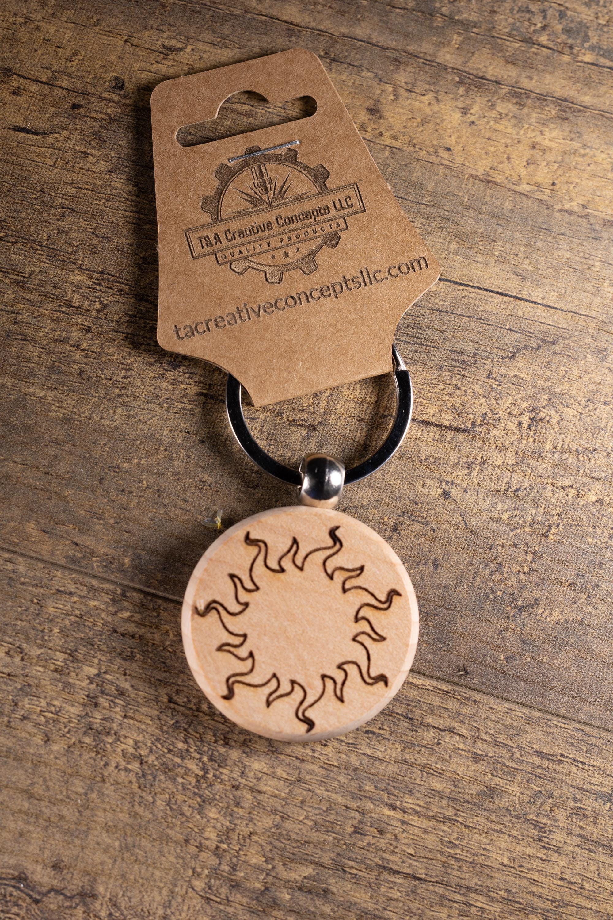 Wood Sun Keychain - Laser Engraved Solid Hardwood Charm | Stainless Steel Ring