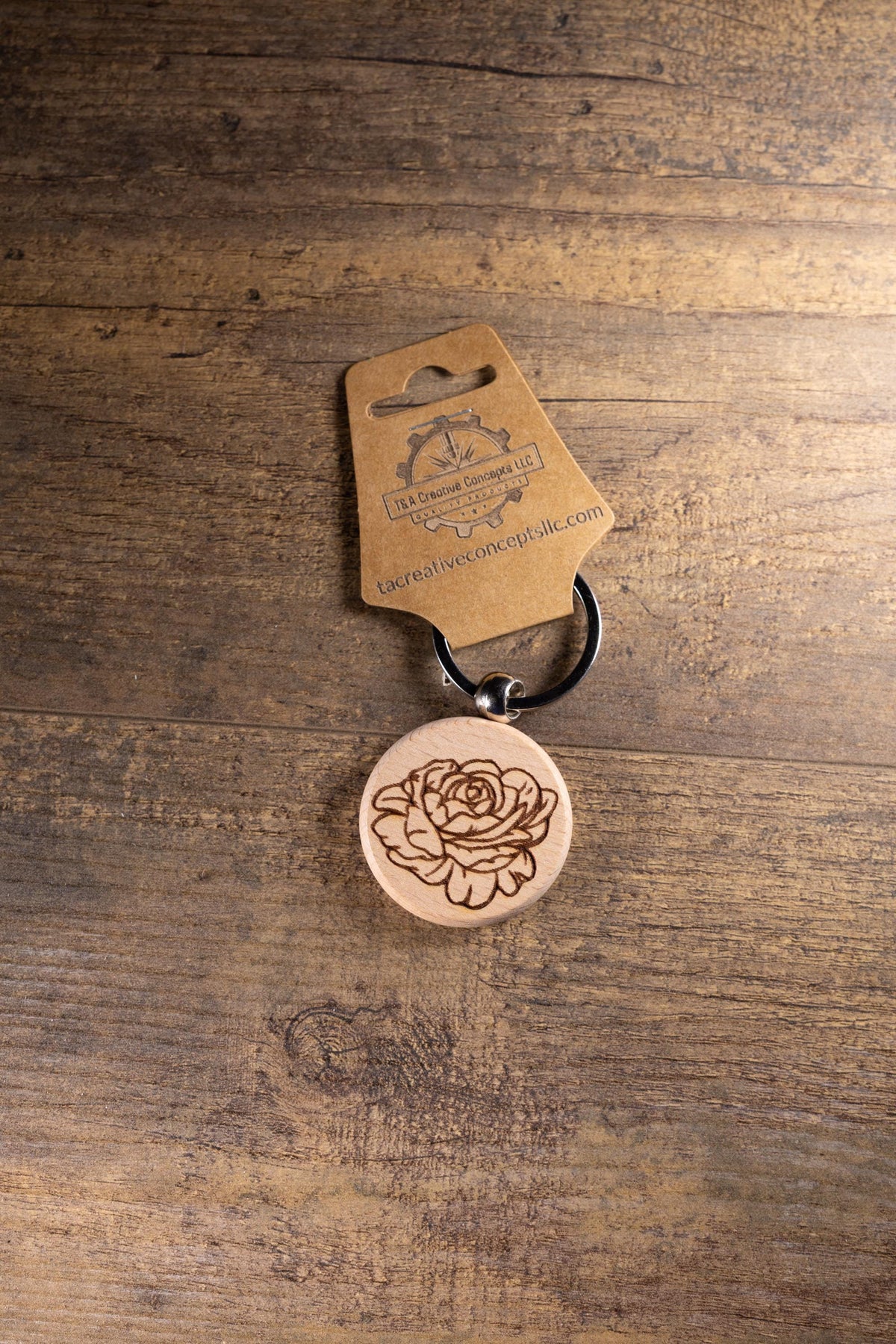 Peony Wood Keychain – Laser Engraved Floral Design | Hardwood & Stainless Steel Ring