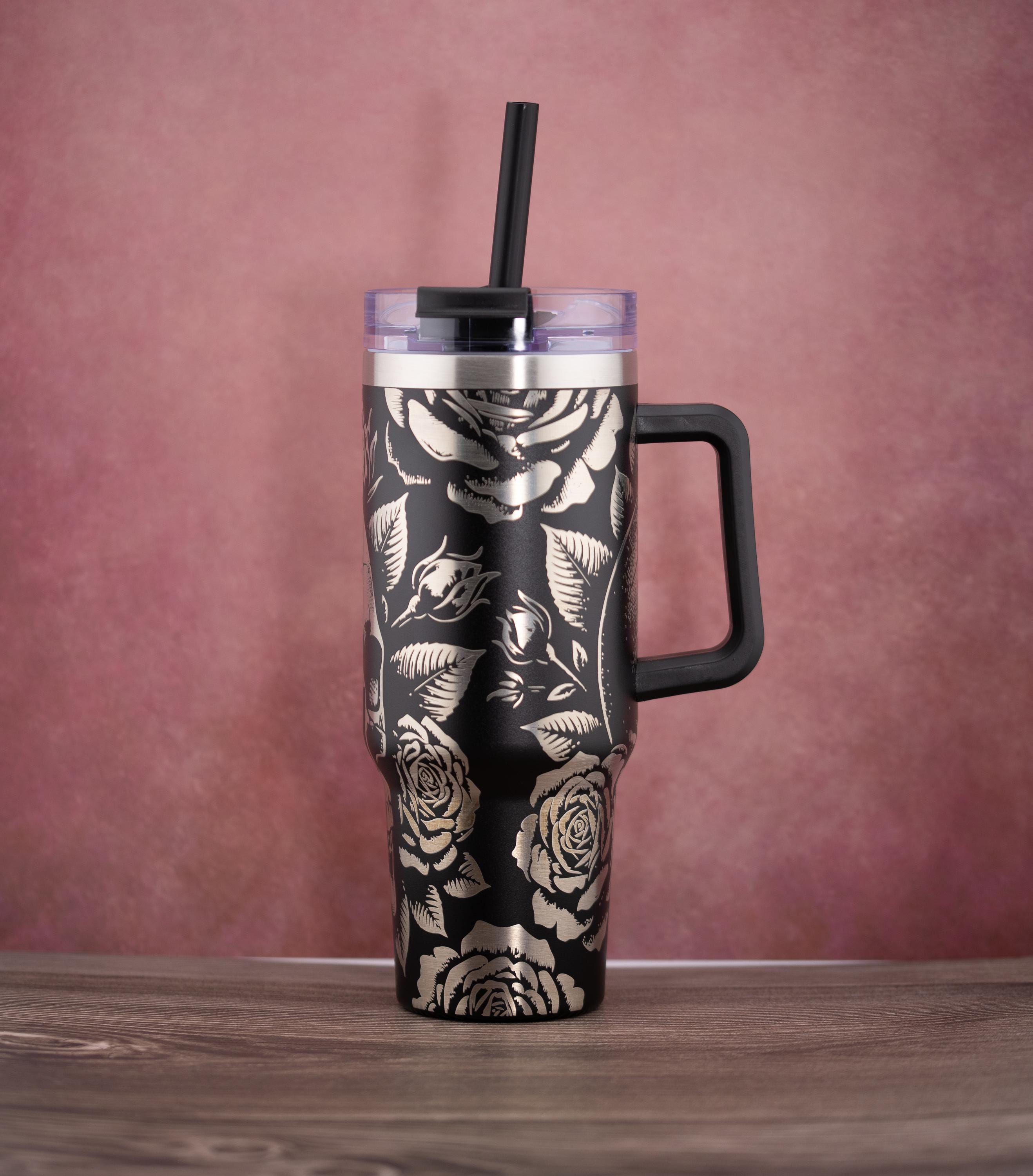 Skulls and Roses Tumbler – 40oz Double Wall Insulated Steel Cup with Powder Coat Finish