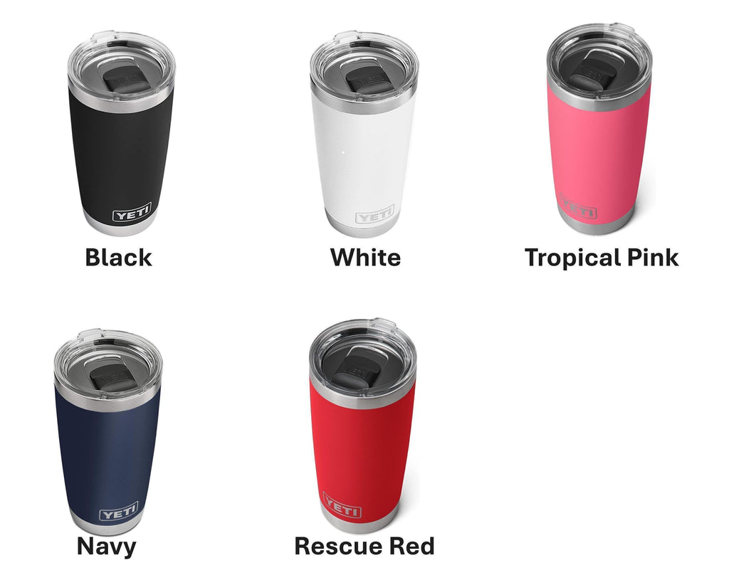 six different colored Yeti tumblers, each with a lid and a lid-retaining tab. The colors are black, white, pink, navy, rescue red, and red.