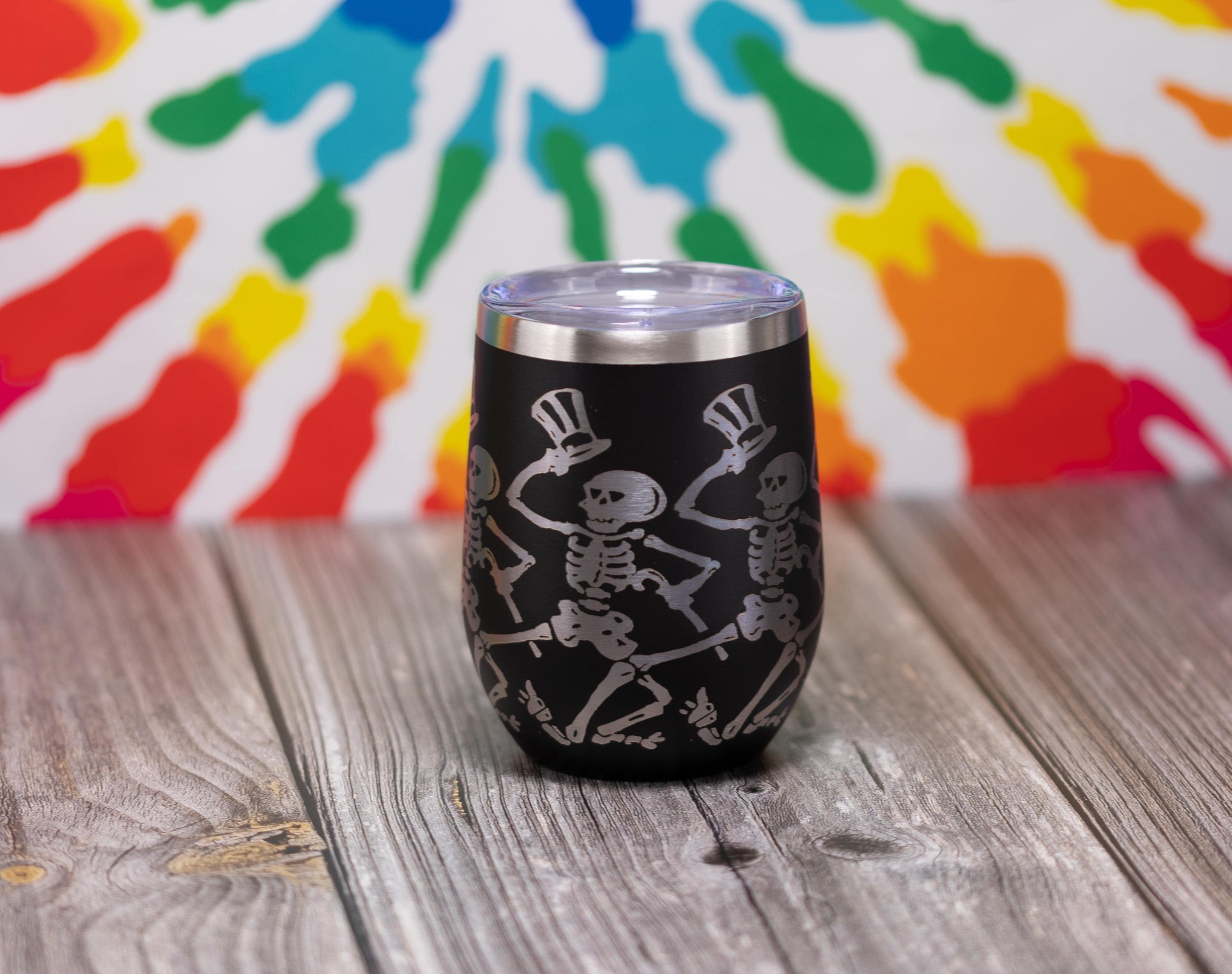 Dancing Skeleton Wine Tumbler - Laser Engraved, Double Wall Vacuum Cup, Custom Color