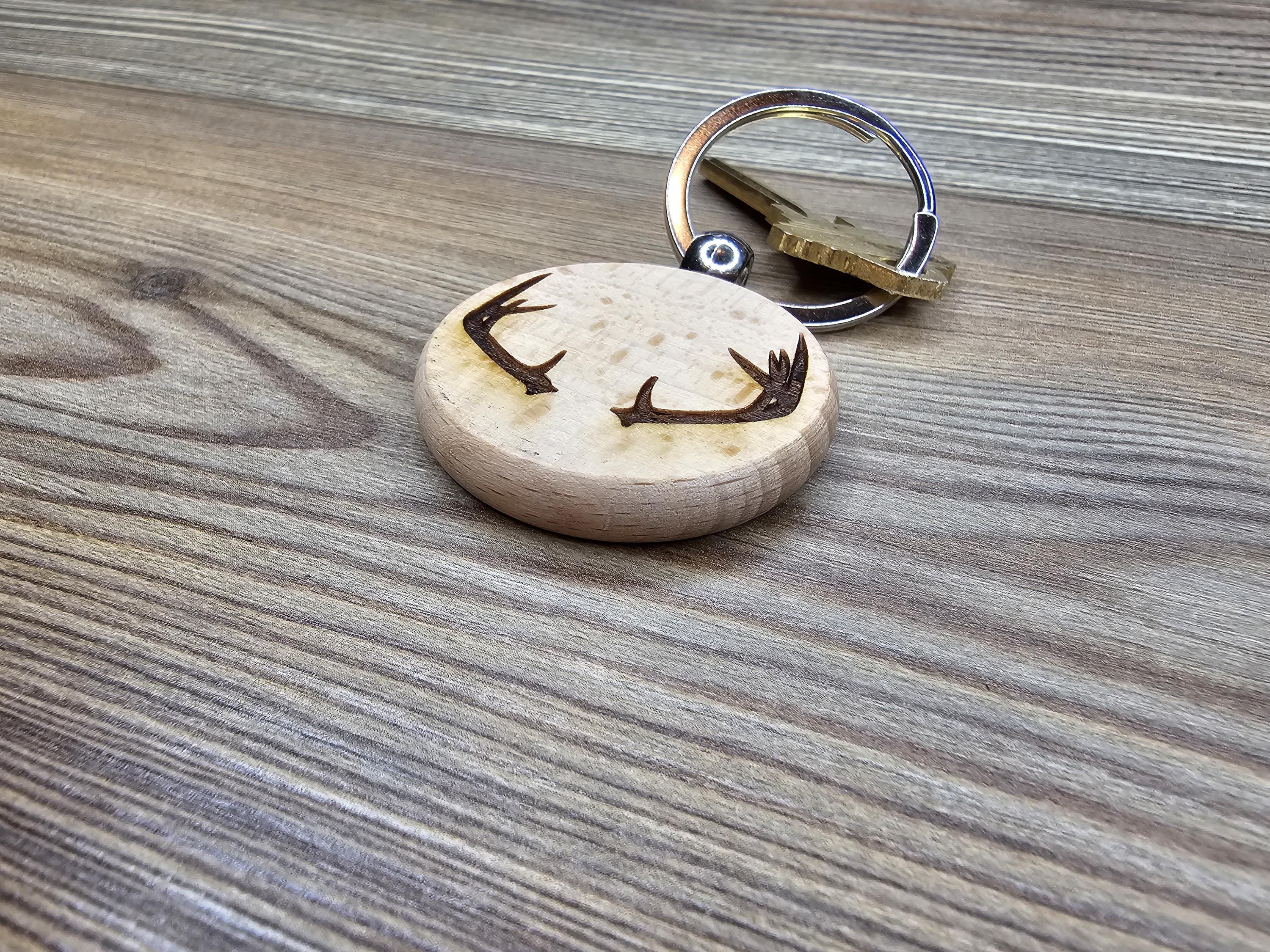 Deer Antlers Keychain – Laser Engraved Hardwood Rustic Bag Charm with Stainless Steel Ring