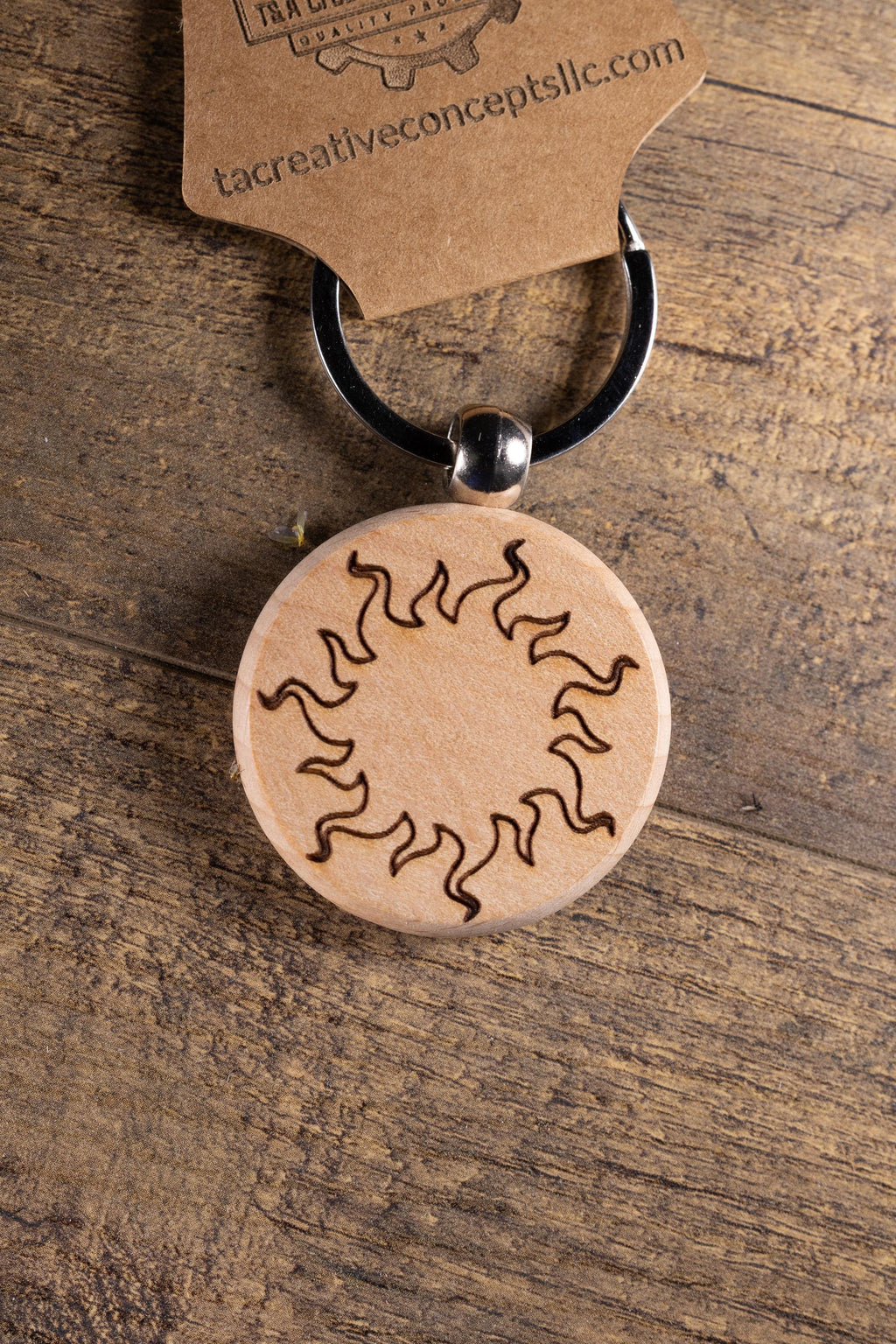 Wood Sun Keychain - Laser Engraved Solid Hardwood Charm | Stainless Steel Ring