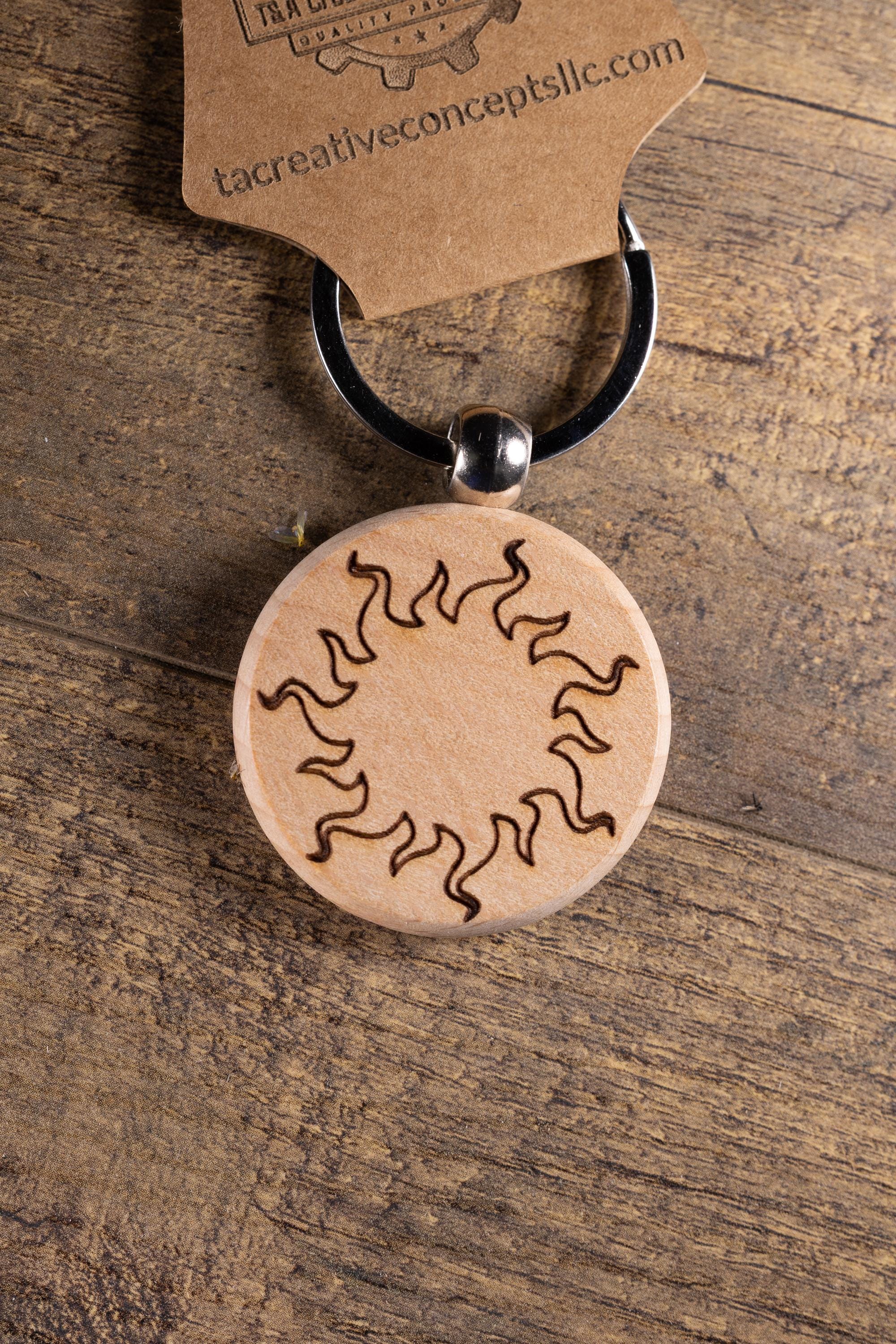 Wood Sun Keychain - Laser Engraved Solid Hardwood Charm | Stainless Steel Ring