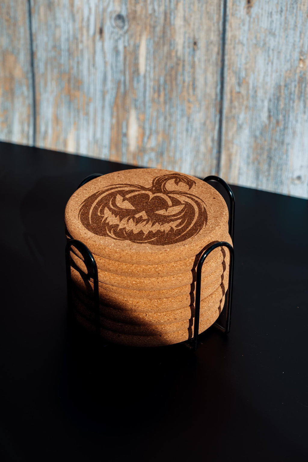 Halloween Pumpkin Coasters – Natural Cork Set | Laser Engraved Pumpkin Coaster Holder