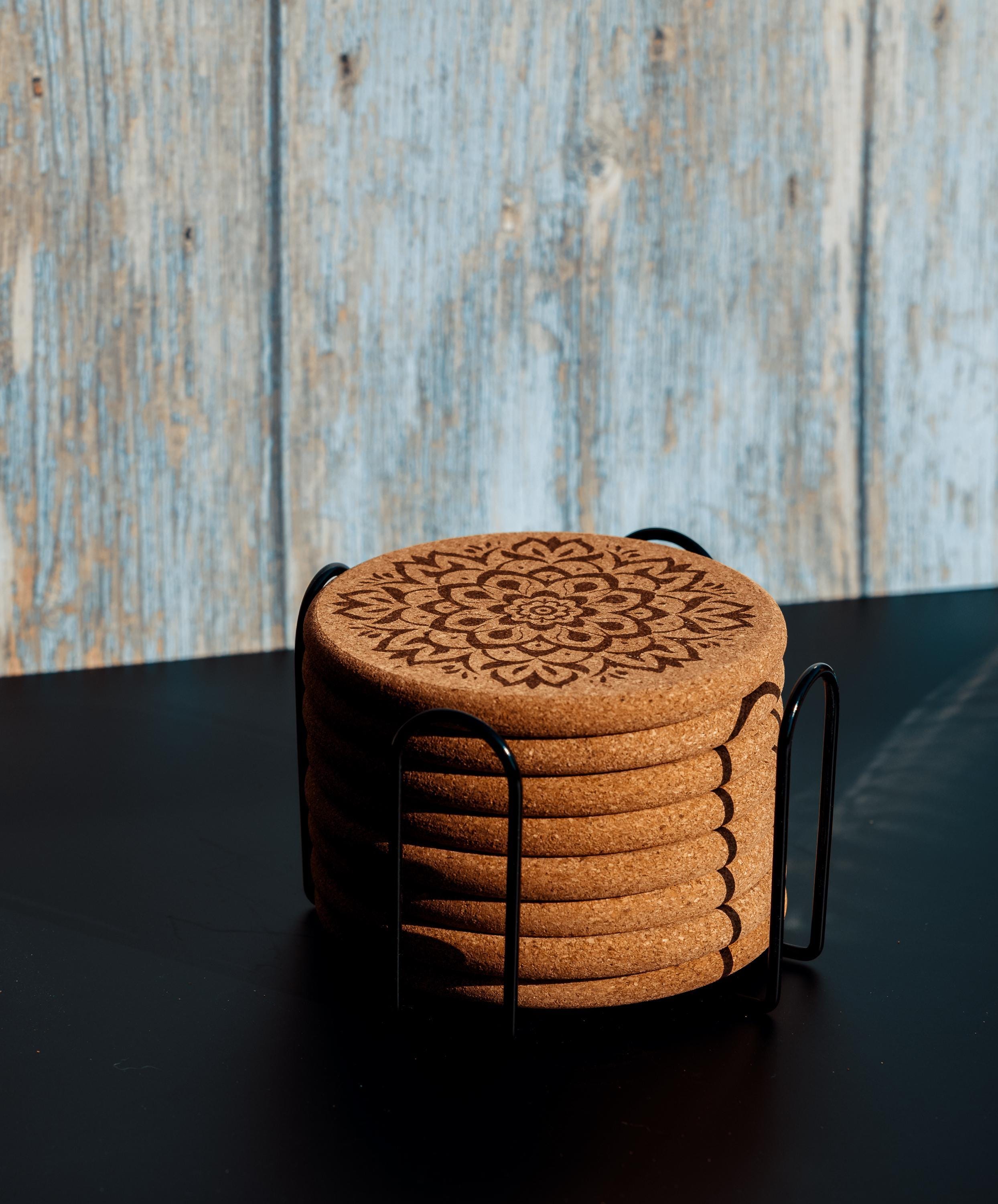 Mandala Cork Coasters Set - Laser Engraved Coaster Set With Holder | Boho Decor