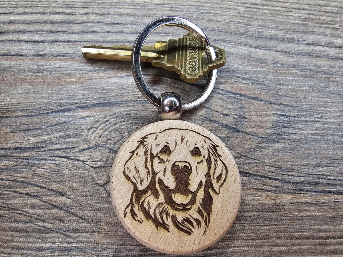 Golden Retriever Keychain - Double Sided Hardwood Dog Charm, Laser Engraved