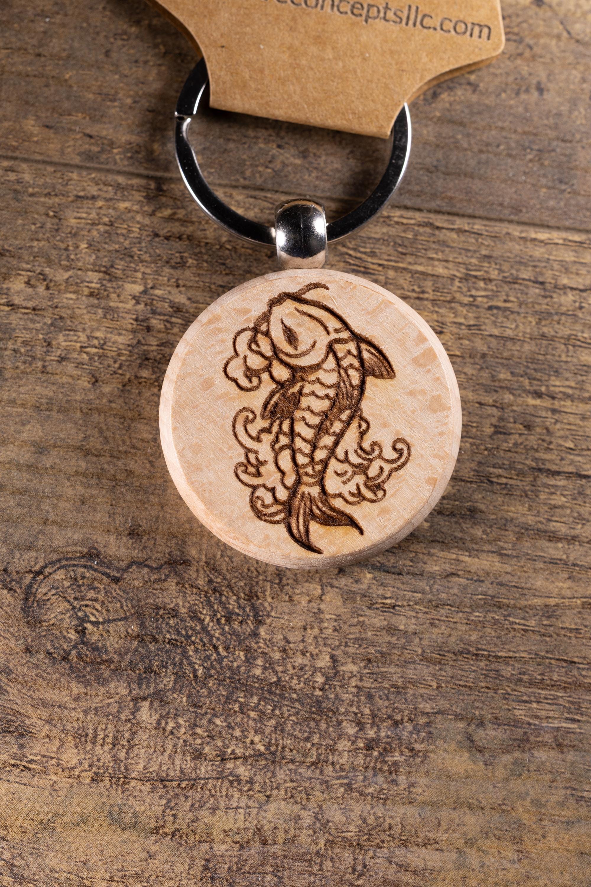 Koi Fish Keychain – Laser Engraved Hardwood With Stainless Steel Ring, Natural Finish