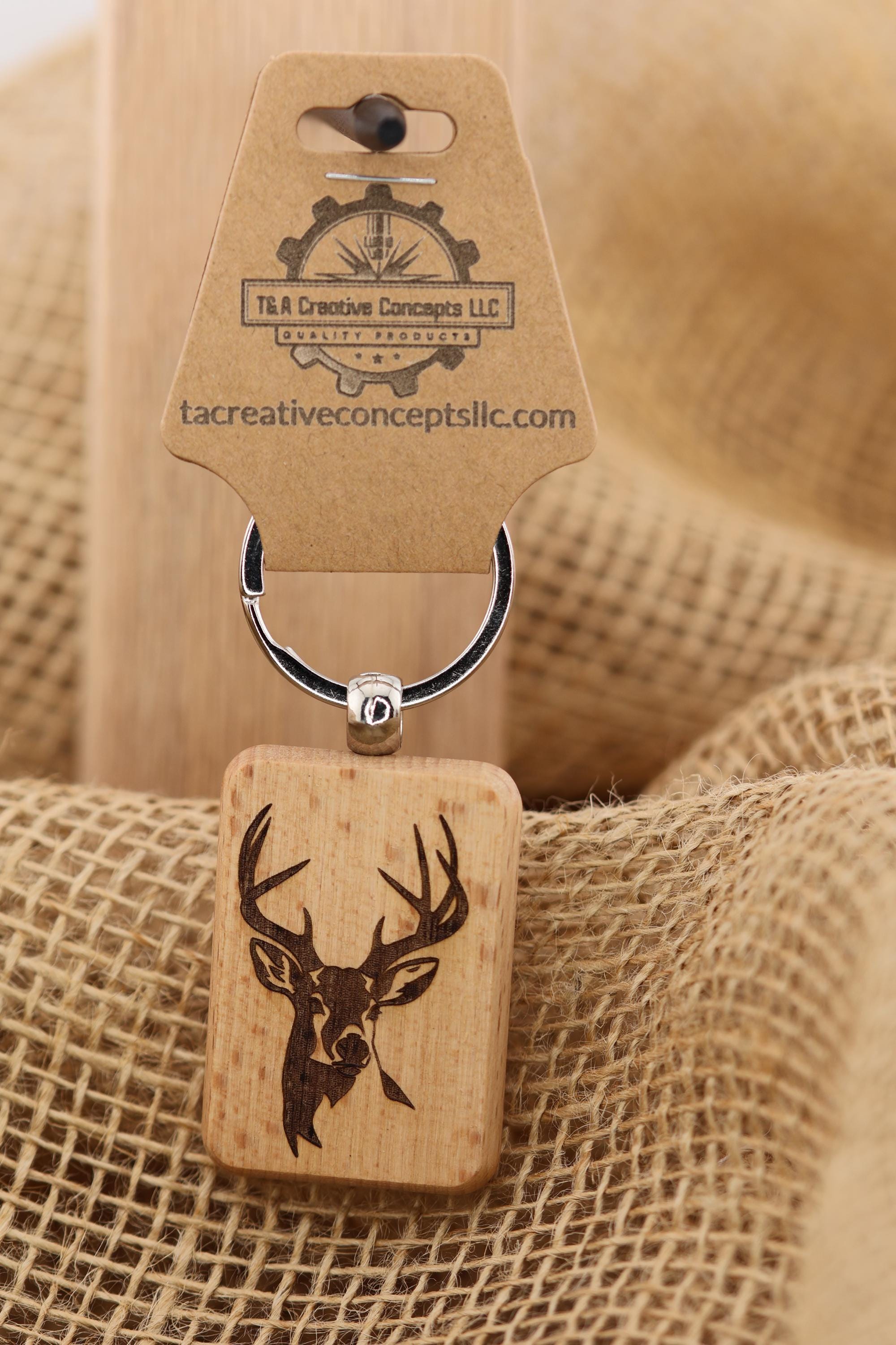 Buck Keychain – Hardwood Double Sided Engraved Buck Design with Stainless Steel Ring