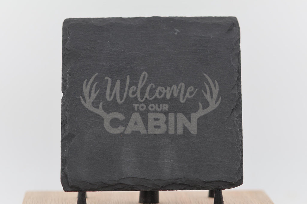Rustic Slate Coasters – Laser Engraved Cabin Drink Pads | Set of 4 Durable Slate