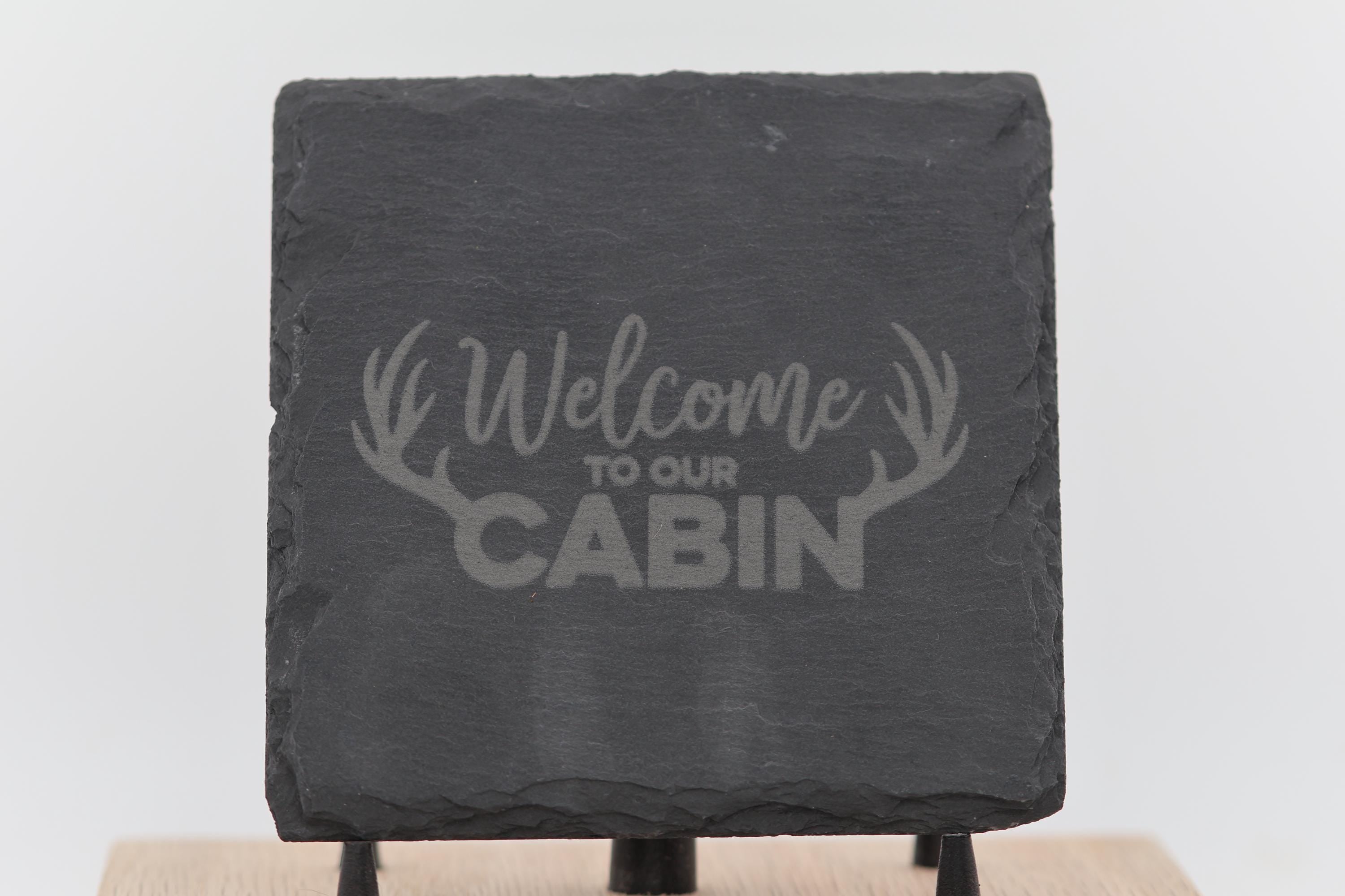 Rustic Slate Coasters – Laser Engraved Cabin Drink Pads | Set of 4 Durable Slate