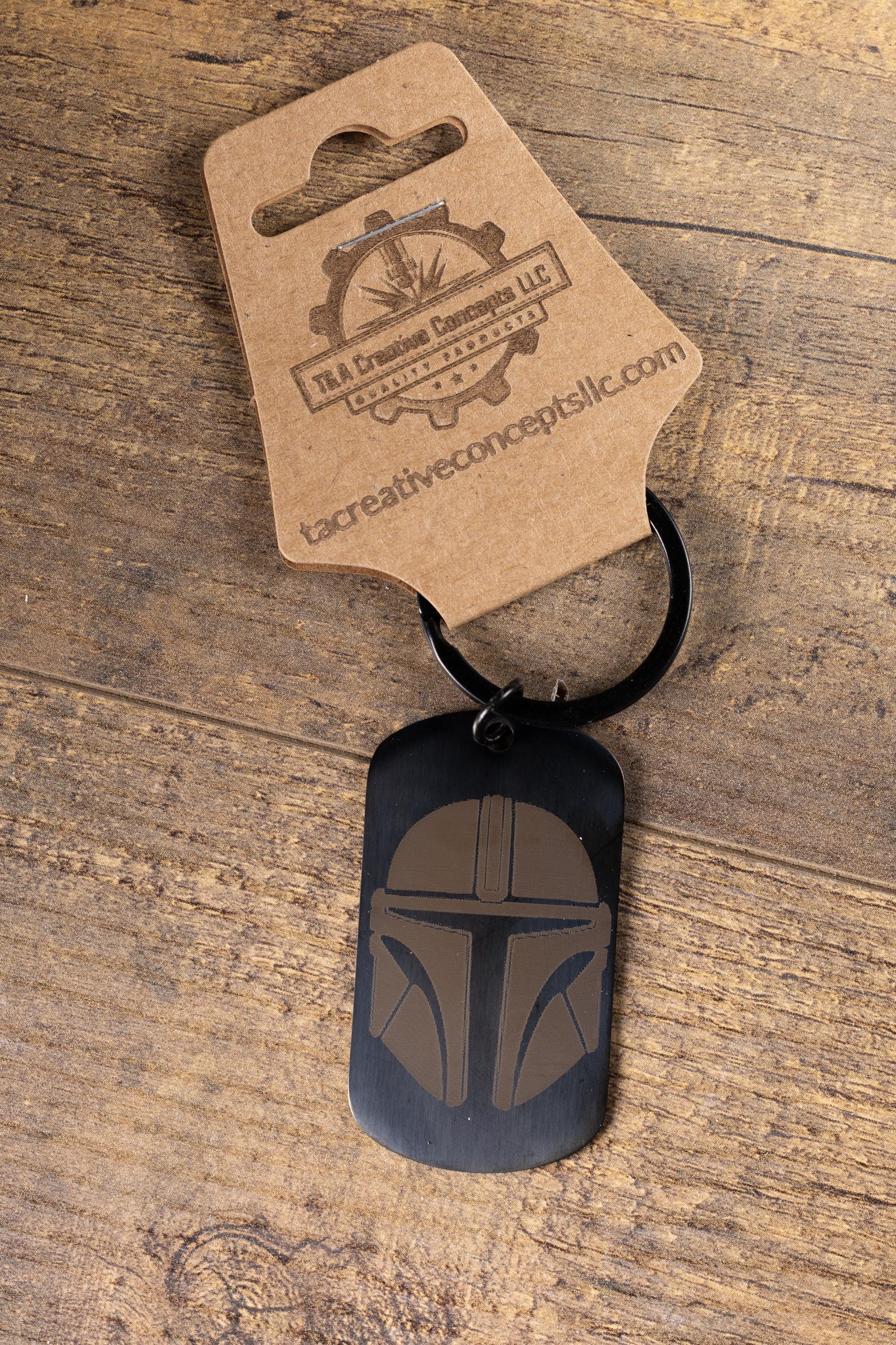 Mandalorian Keychain - Black Stainless Steel, Laser Engraved Double-Sided Design