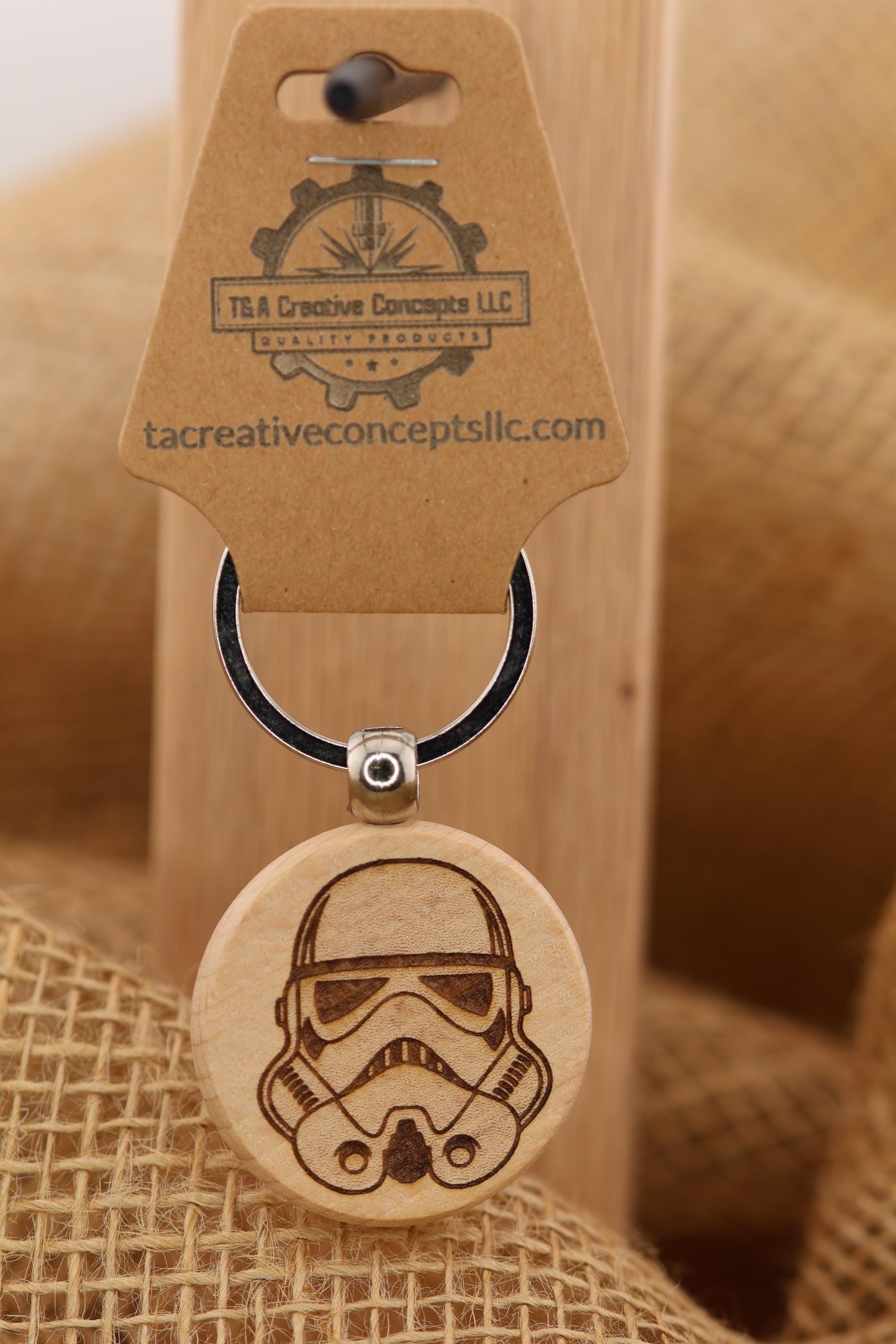 Stormtrooper Keychain - Hardwood Double-Sided Laser Engraved Design with Rust Resistant Ring