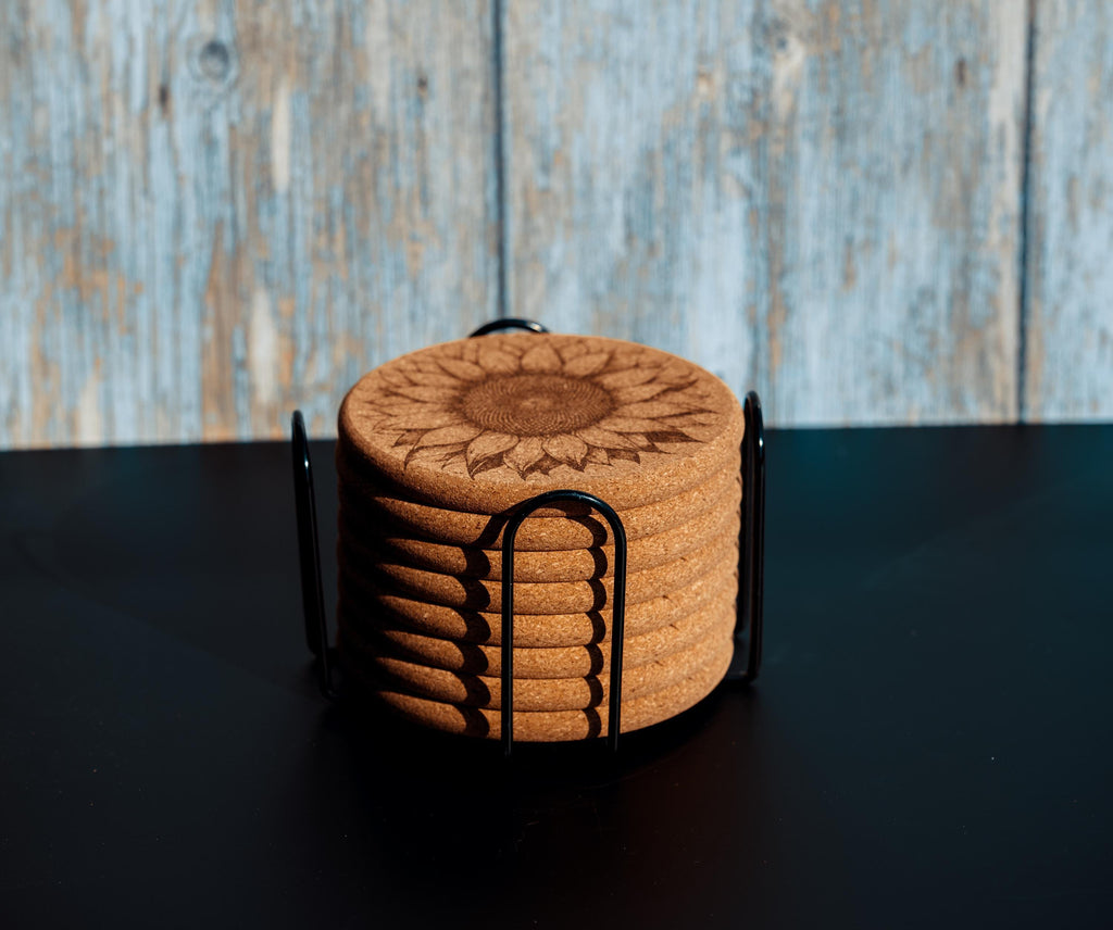 Rustic Cork Coasters - Set of 8 Sunflower Drink Set with Natural Cork Holder