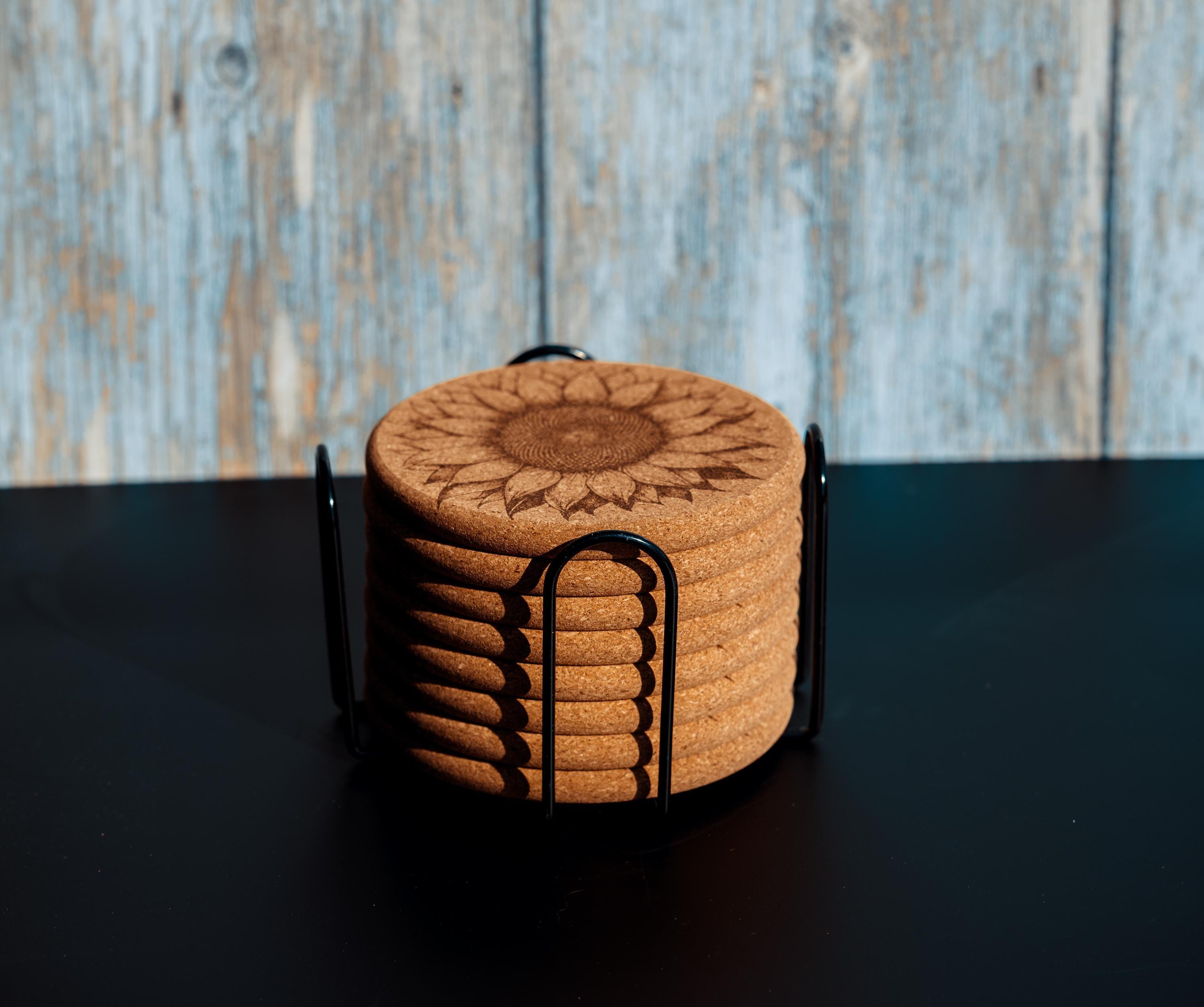 Rustic Cork Coasters - Set of 8 Sunflower Drink Set with Natural Cork Holder
