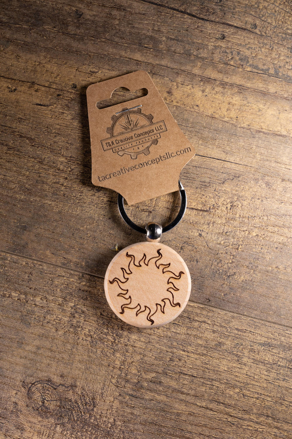Wood Sun Keychain - Laser Engraved Solid Hardwood Charm | Stainless Steel Ring