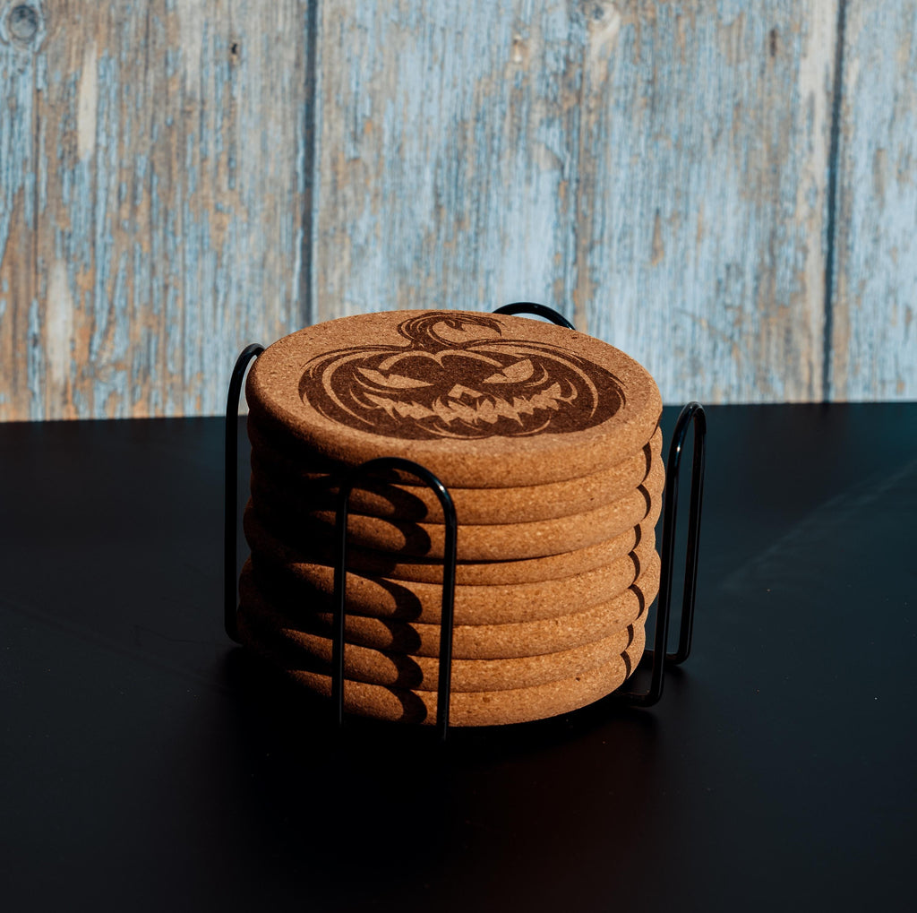 Halloween Pumpkin Coasters – Natural Cork Set | Laser Engraved Pumpkin Coaster Holder