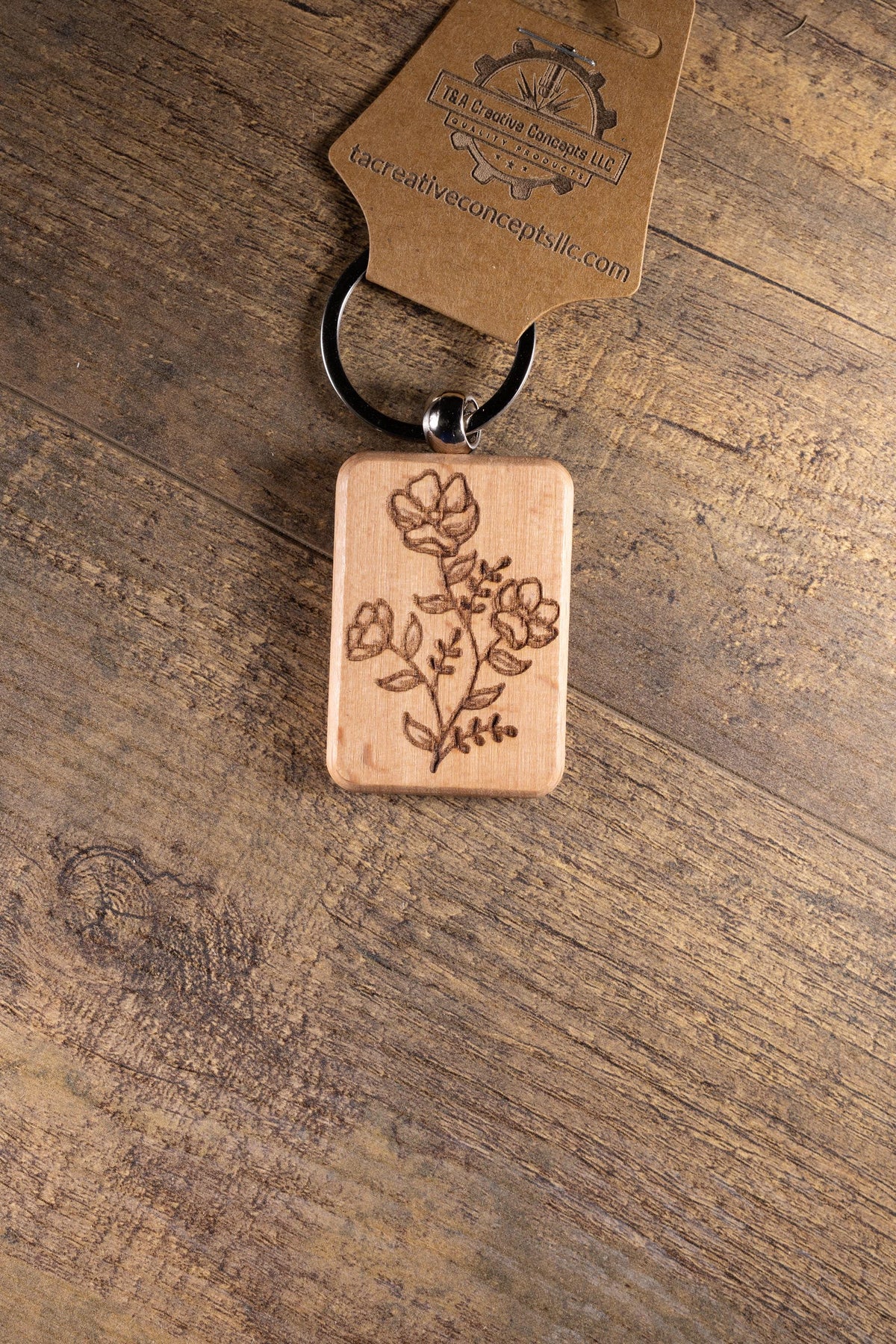 Wood Floral Keychain – Laser Engraved Charm with Solid Hardwood & Stainless Steel Hardware