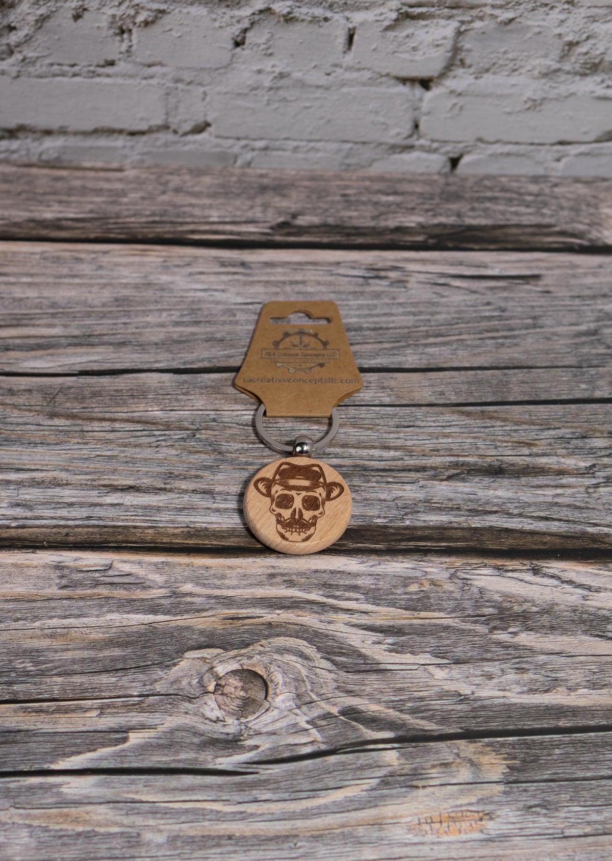 Wooden Skull Keychain – Laser Engraved Hardwood Bag Charm with Fedora & Mustache