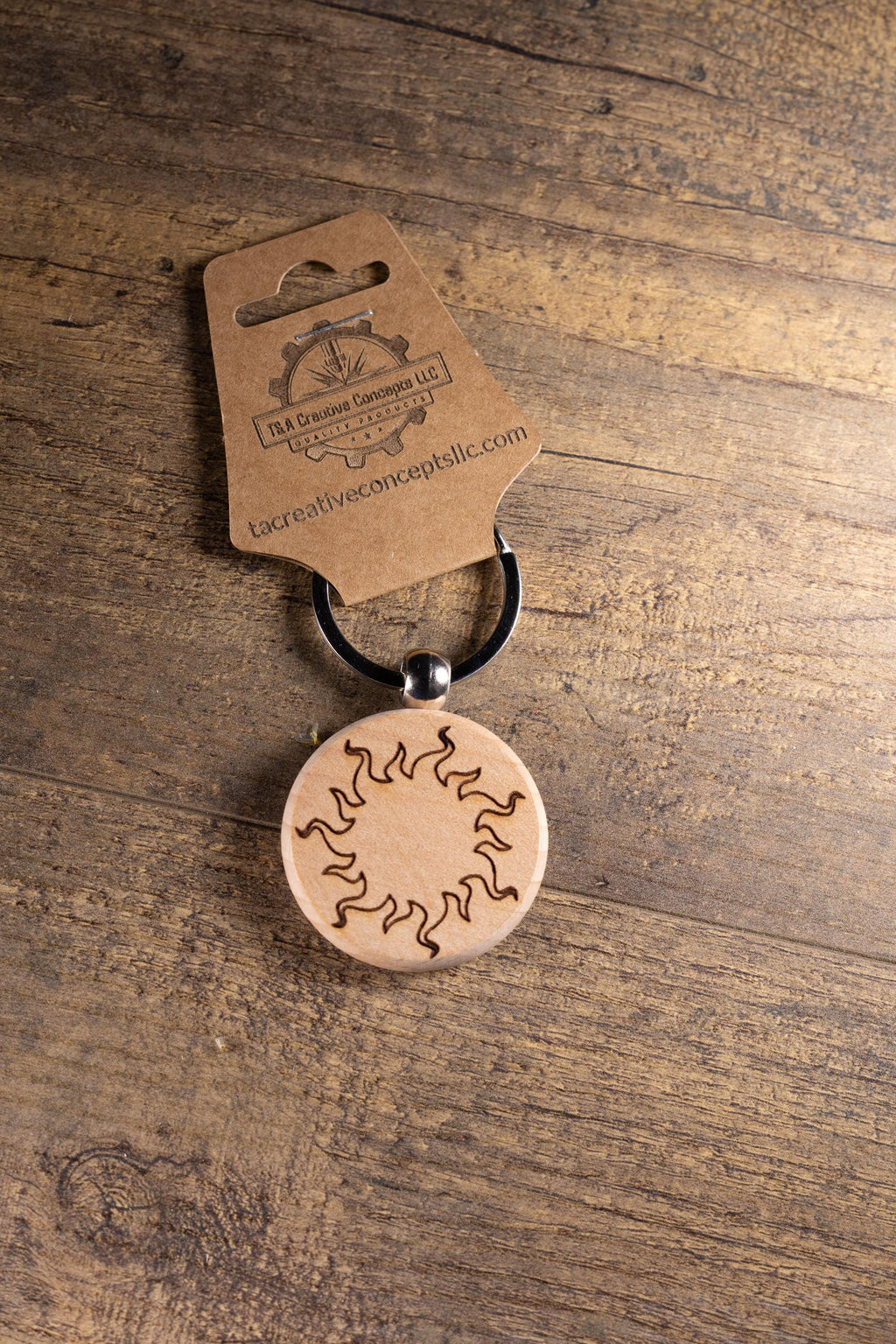 Wood Sun Keychain - Laser Engraved Solid Hardwood Charm | Stainless Steel Ring