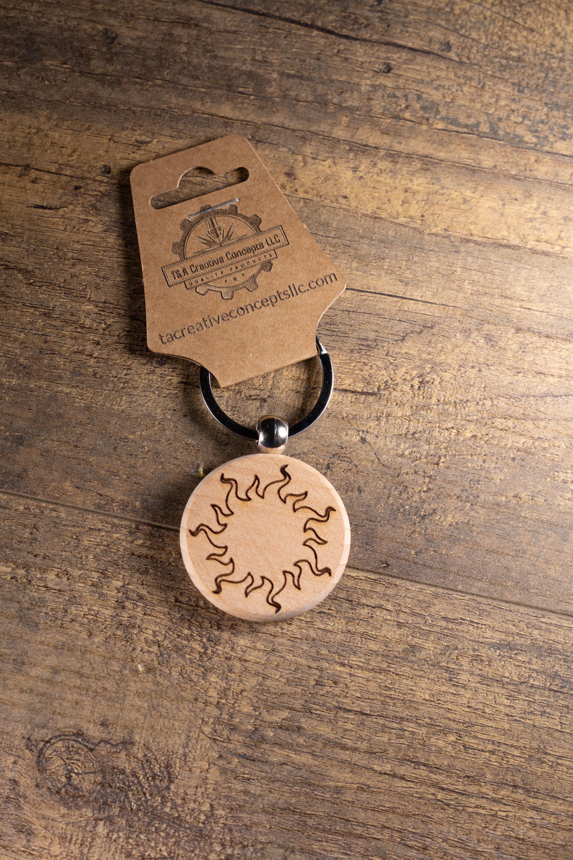 Wood Sun Keychain - Laser Engraved Solid Hardwood Charm | Stainless Steel Ring