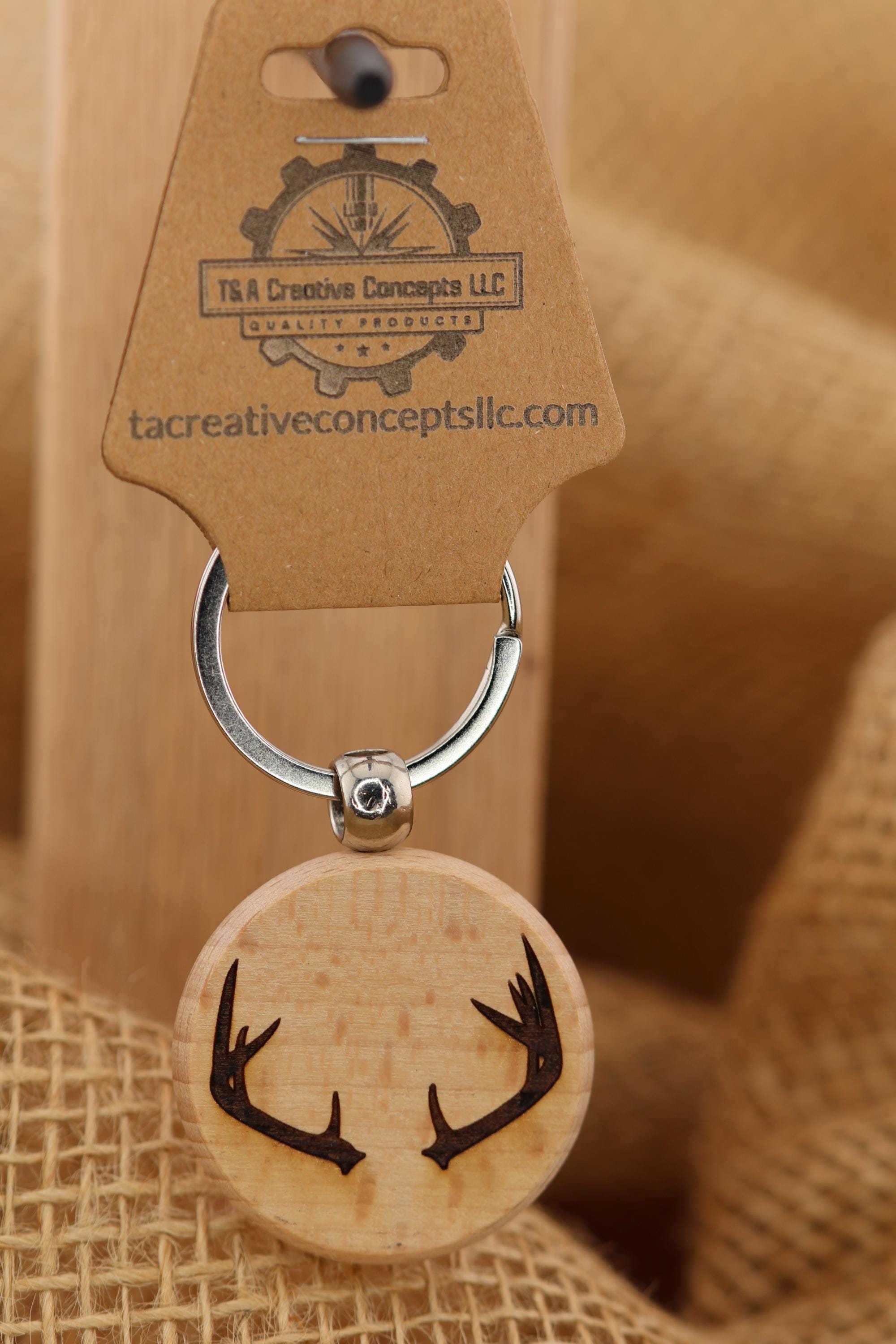 Deer Antlers Keychain – Laser Engraved Hardwood Rustic Bag Charm with Stainless Steel Ring