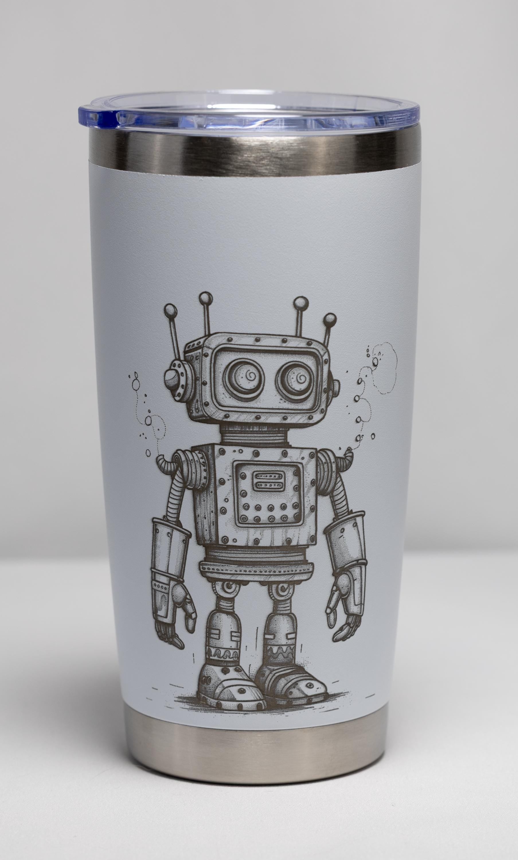 Retro Robot Tumbler – 20 oz Stainless Steel Cup with Laser Engraved Design