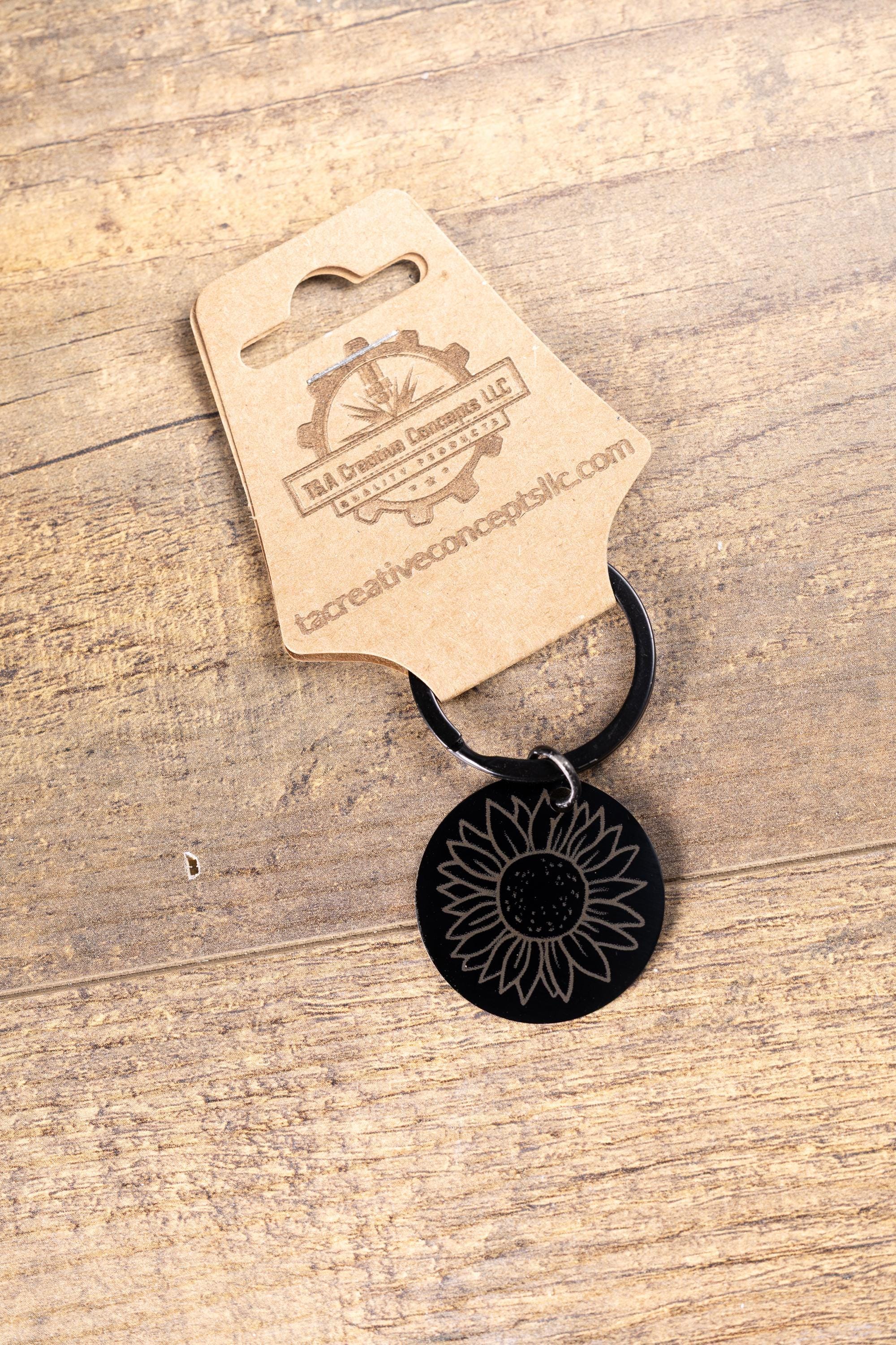 Sunflower Keychain – Black Stainless Steel, Laser Engraved Floral Design, Durable
